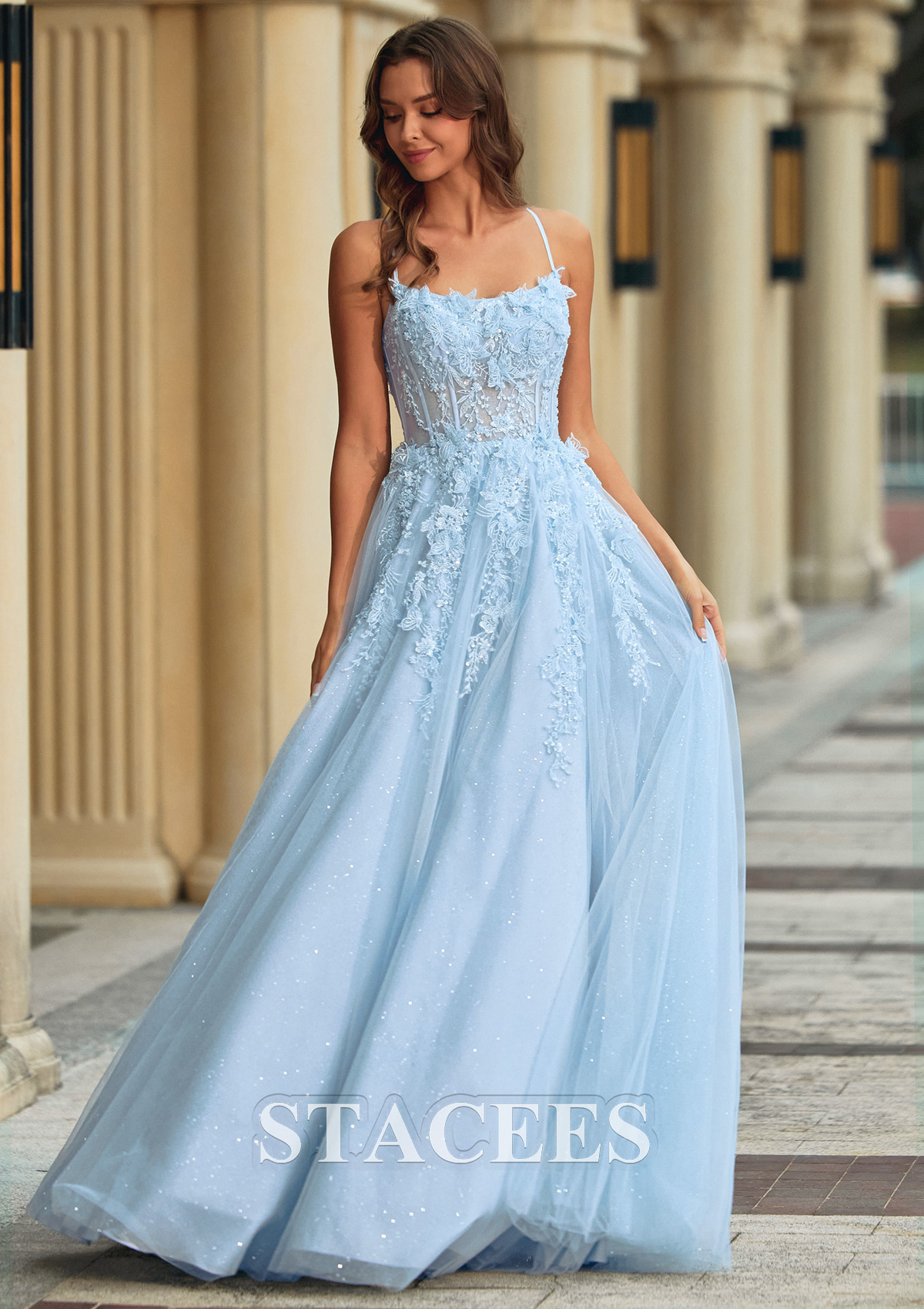 Bleu Ciel Trapèze scoop tulle traîne balayage robe de bal avec perles paillettes papillon - STACEES