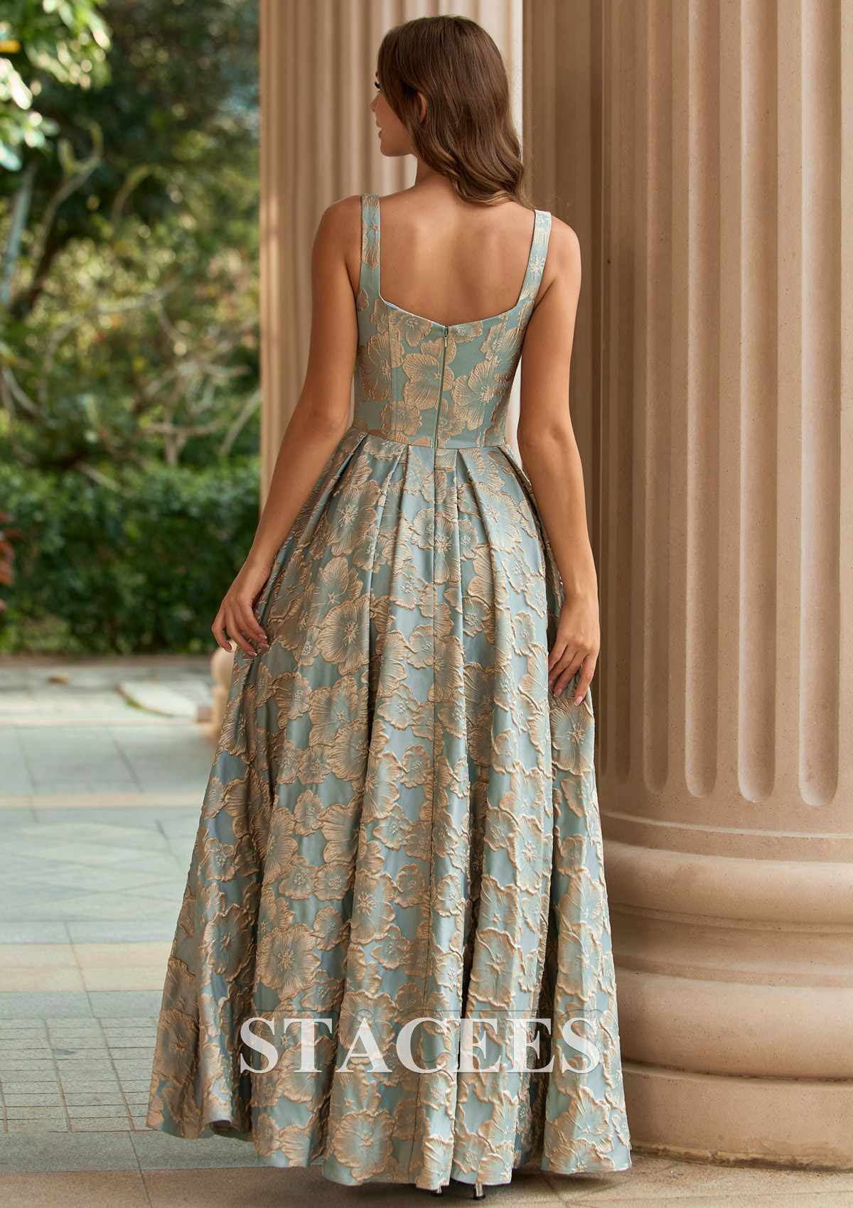 Bleu Clair Trapèze carrée jacquard longueur ras du sol robe de bal avec poches imprimé floral - STACEES