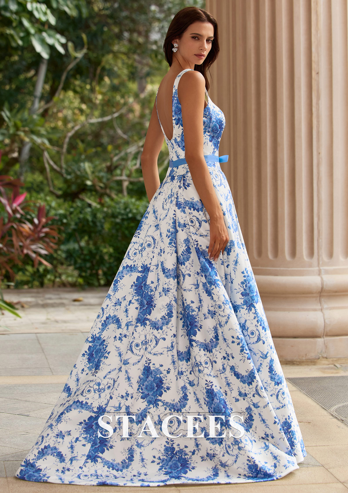 blue pattern formal dress Floral Print Satin A-Line Prom with Open Back and Sash S9050P - Prom Dresses Ruffle Dresses The Pink Chicken Birthday Waist Size:30 Soft Organza with Floral