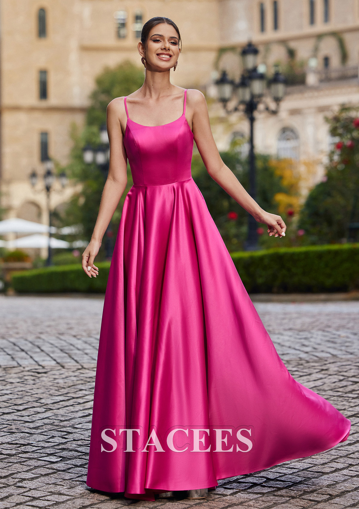 Fuchsia A-line Square Neckline Sleeveless Floor-Length Satin Prom Dress with Pockets Split - STACEES