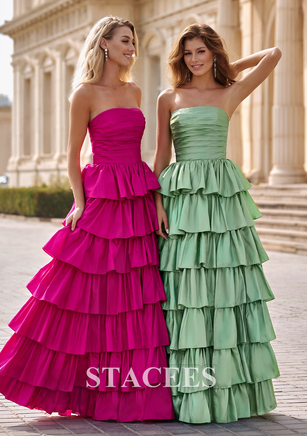 Sage A-line Pleated Strapless Ruffled Floor-Length Taffeta Prom Dress - STACEES