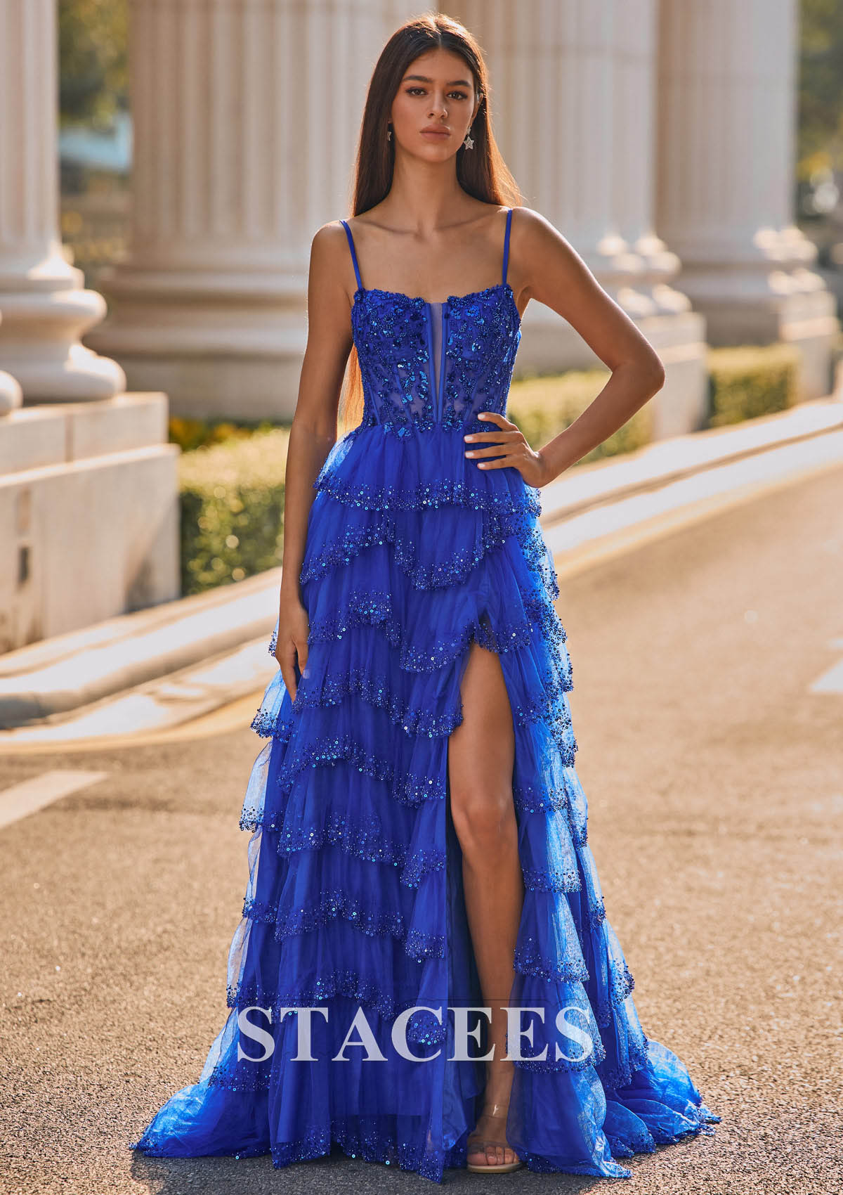 Bleu Océan Trapèze carrée tulle traîne balayage robe de bal - STACEES