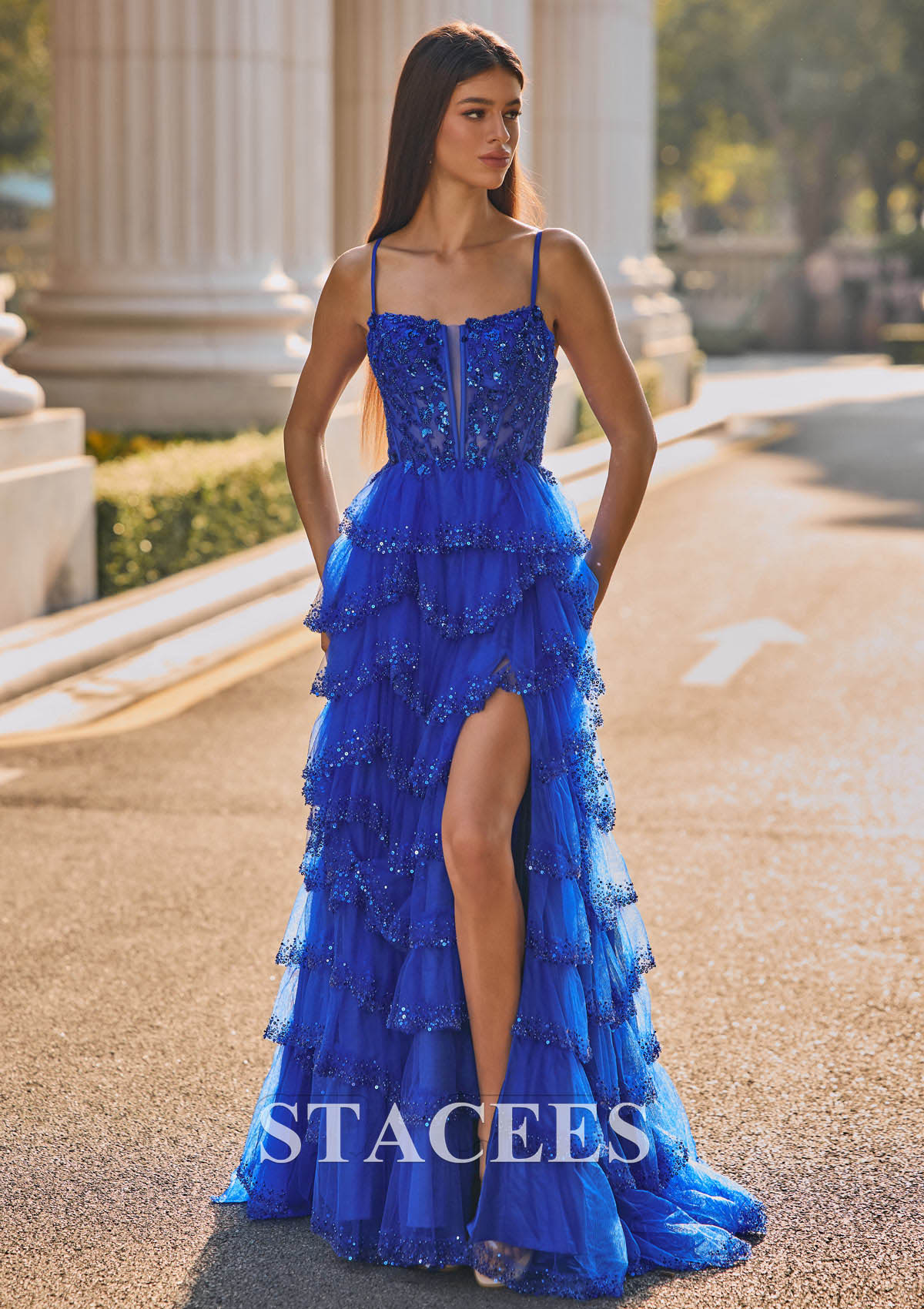 Bleu Océan Trapèze carrée tulle traîne balayage robe de bal - STACEES