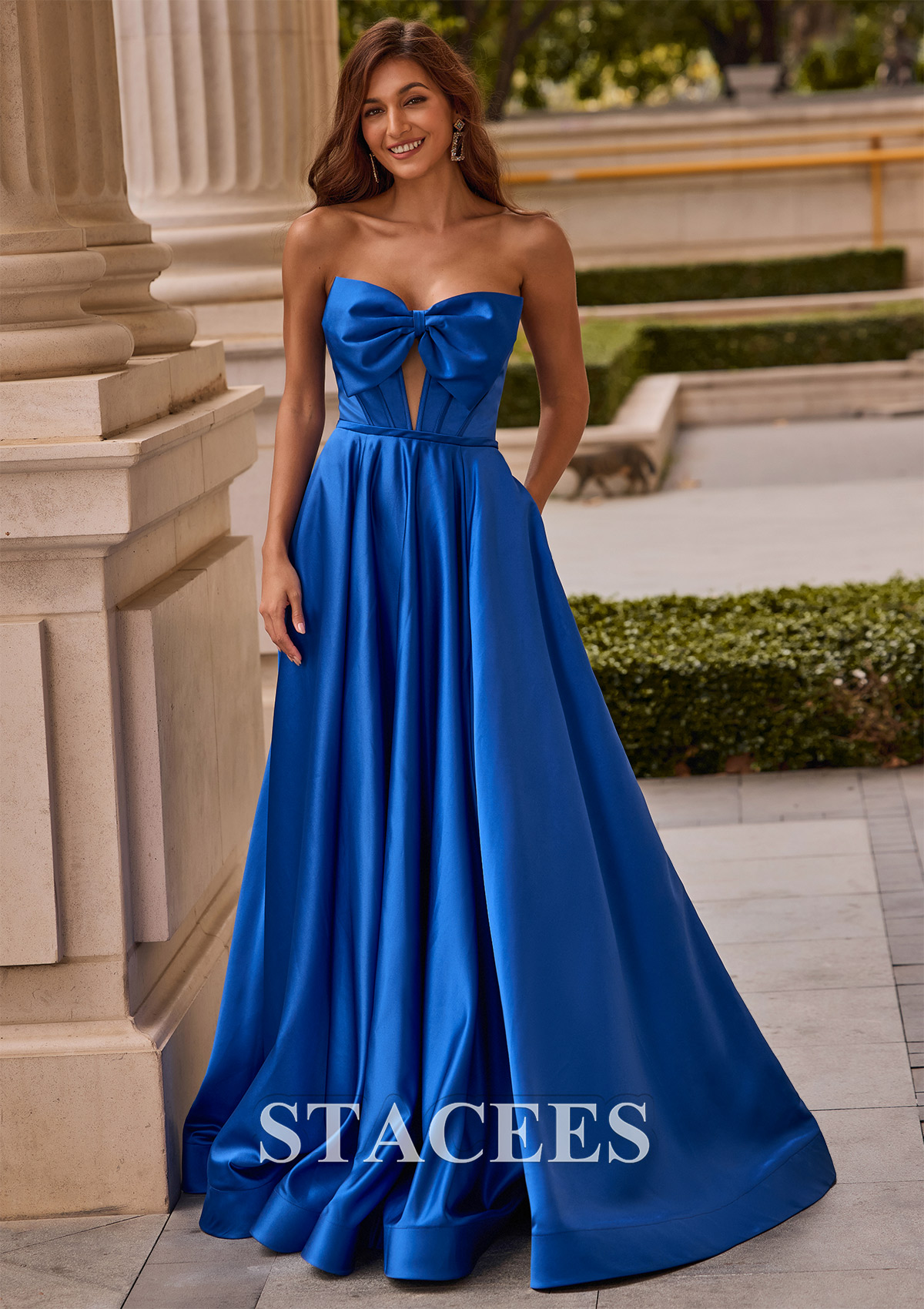 Ocean Blue A-line Strapless Bow Corset Satin Sweep Train Slit Prom Dress - STACEES