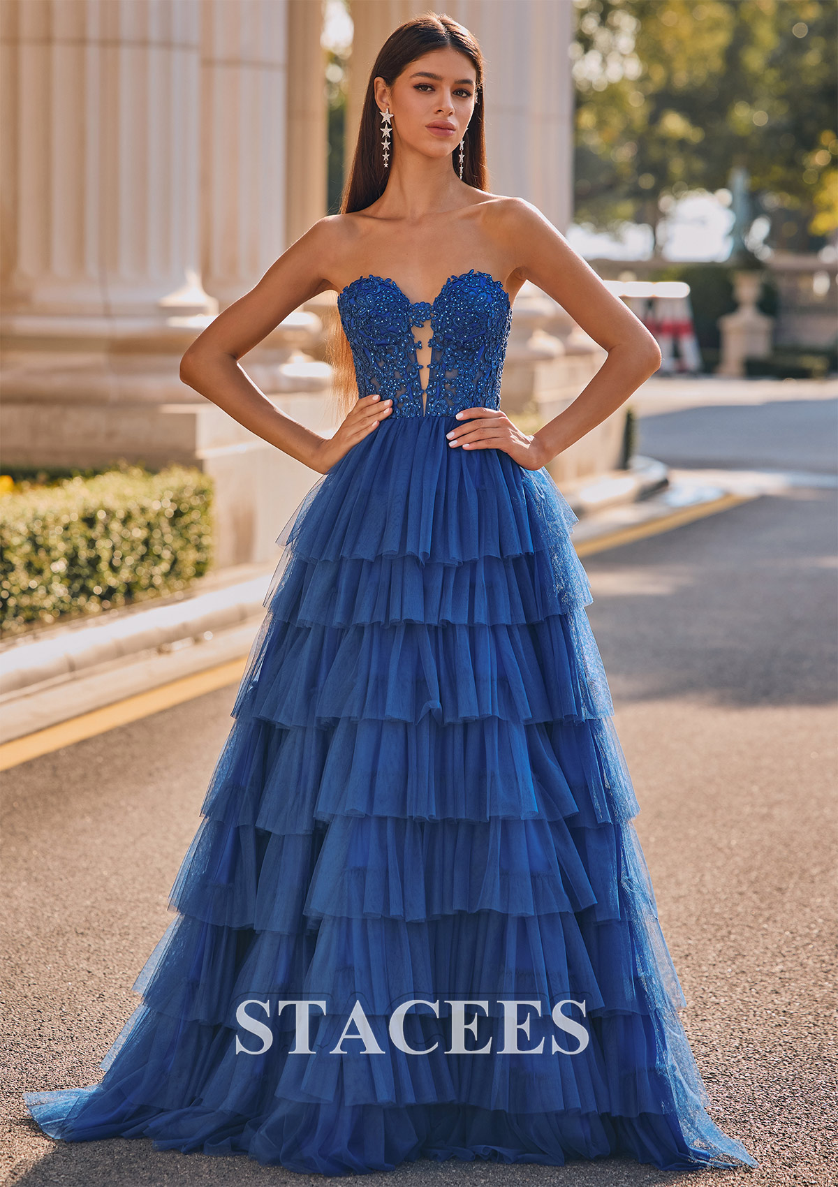 As Picture A-line Sweetheart Tulle Sweep Train Prom Dress with Appliqued Beading Ruffles - STACEES