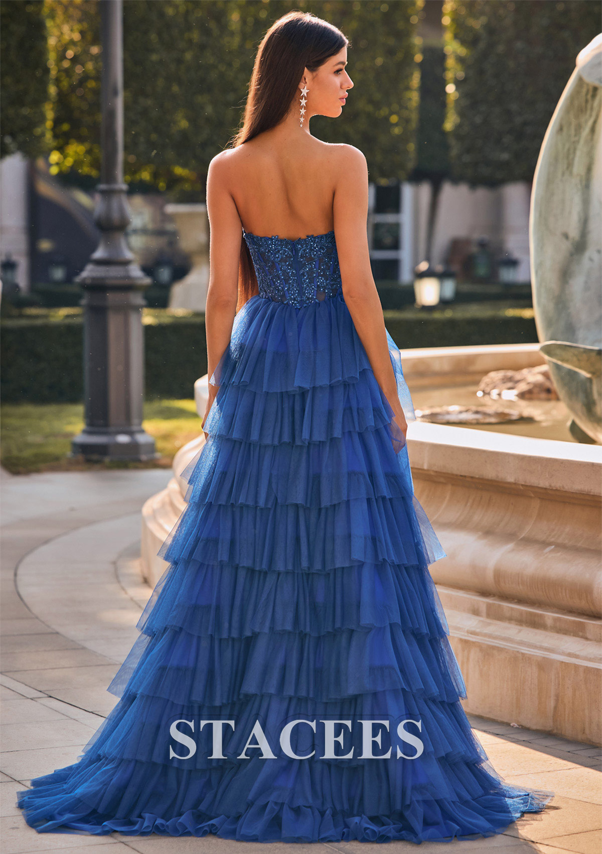 As Picture A-line Sweetheart Tulle Sweep Train Prom Dress with Appliqued Beading Ruffles - STACEES