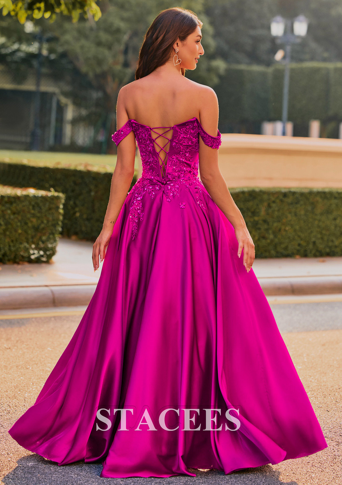 Magenta A-line Strapless Embroidered Ball Gown Prom Dress with Detachable Straps - STACEES