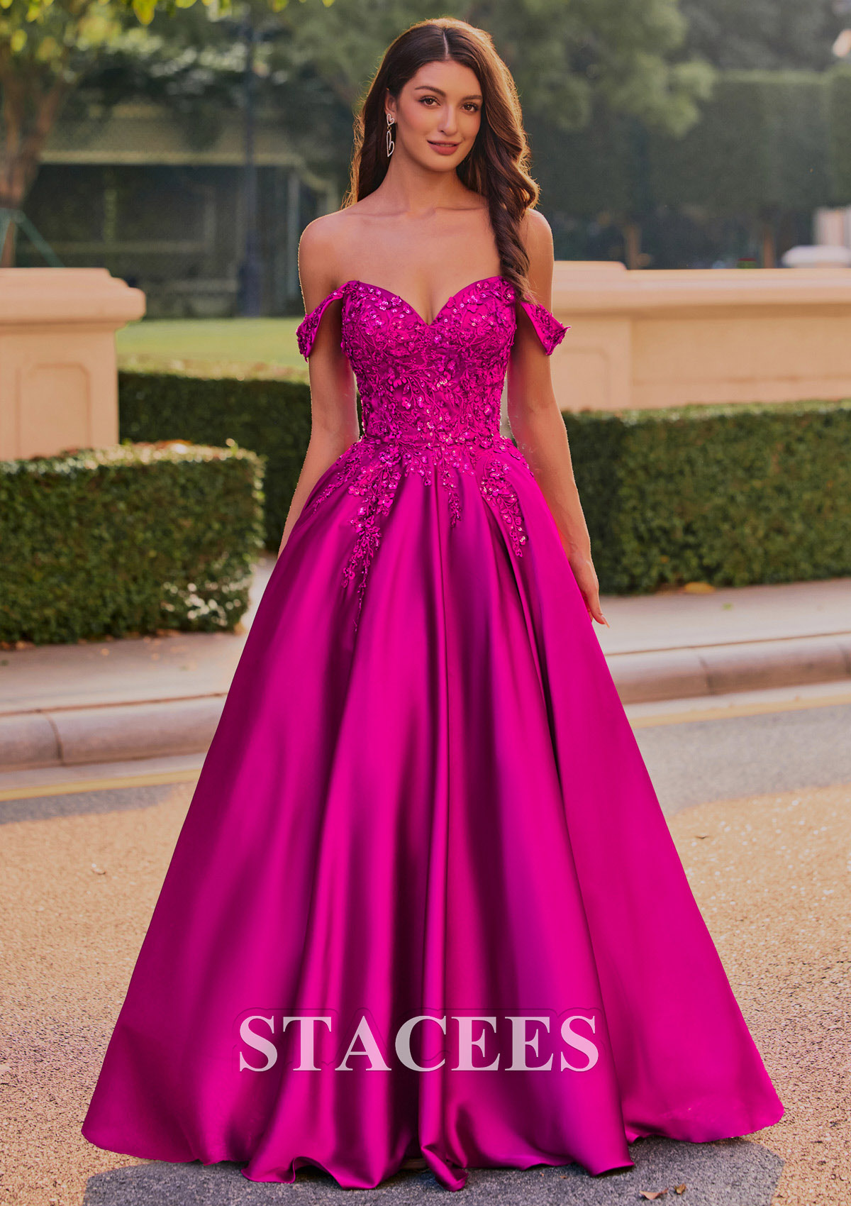 Magenta A-line Strapless Embroidered Ball Gown Prom Dress with Detachable Straps - STACEES