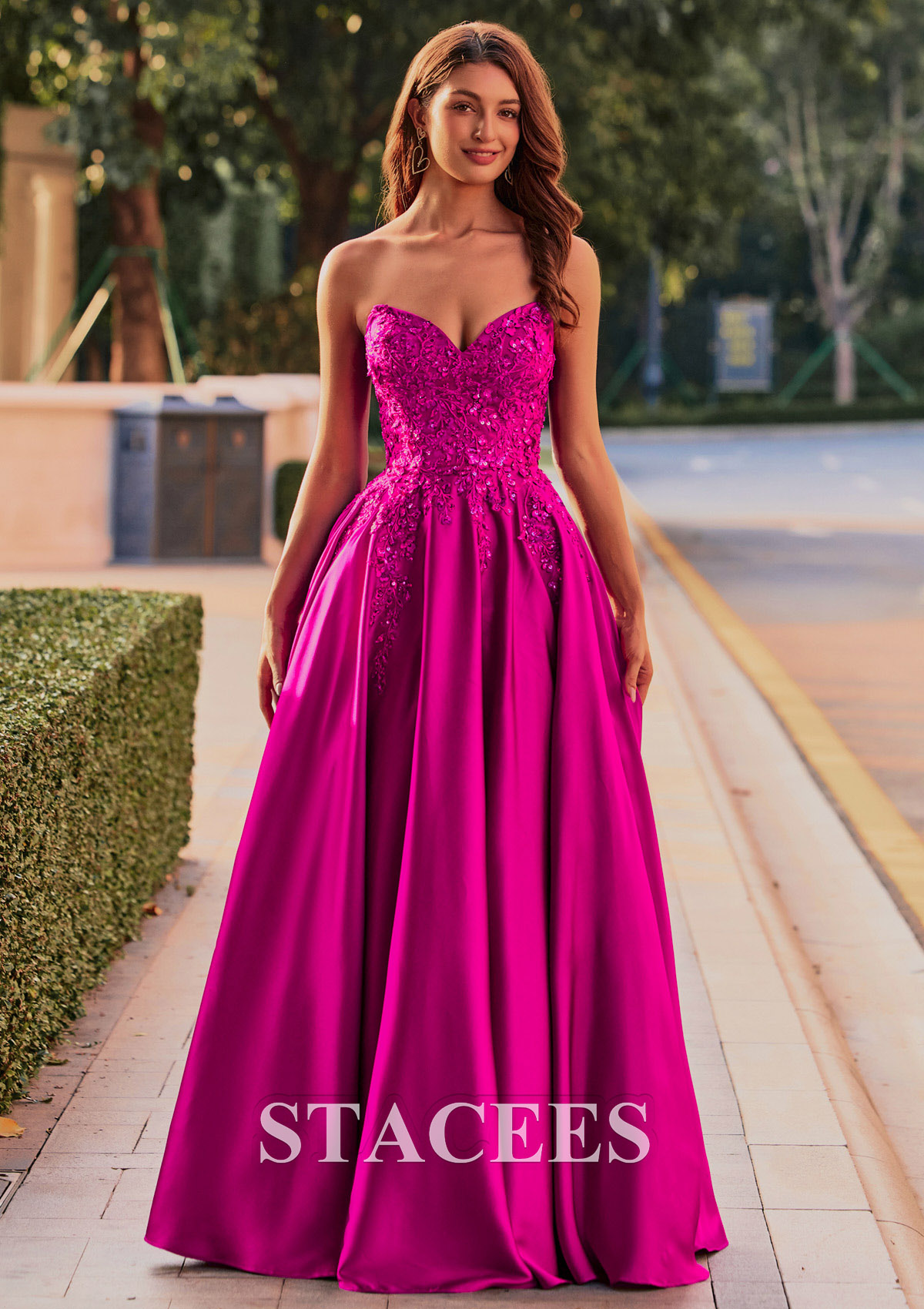 Magenta A-line Strapless Embroidered Ball Gown Prom Dress with Detachable Straps - STACEES