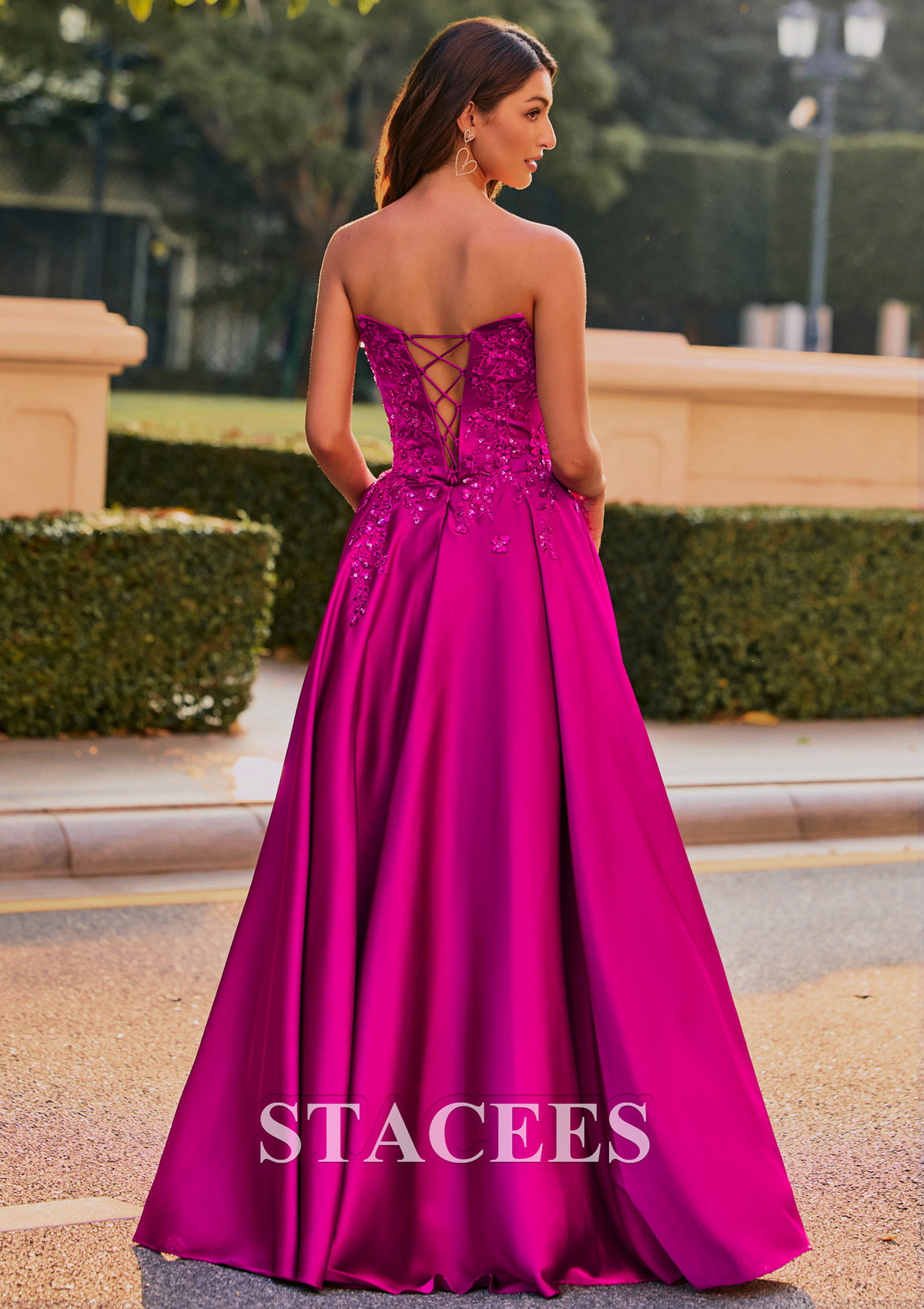 Magenta A-line Strapless Embroidered Ball Gown Prom Dress with Detachable Straps - STACEES