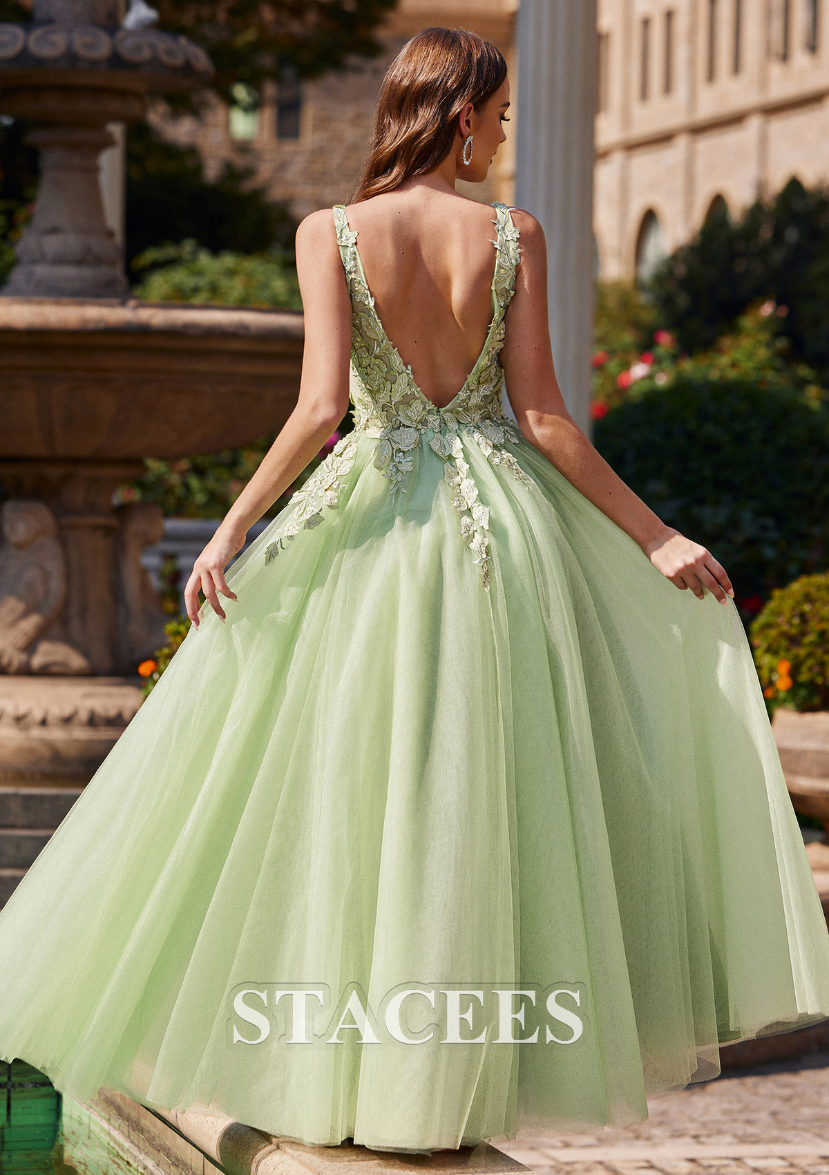 Sage A-line V Neck Sleeveless Floor-Length Tulle Prom Dress with Appliqued Beading - STACEES