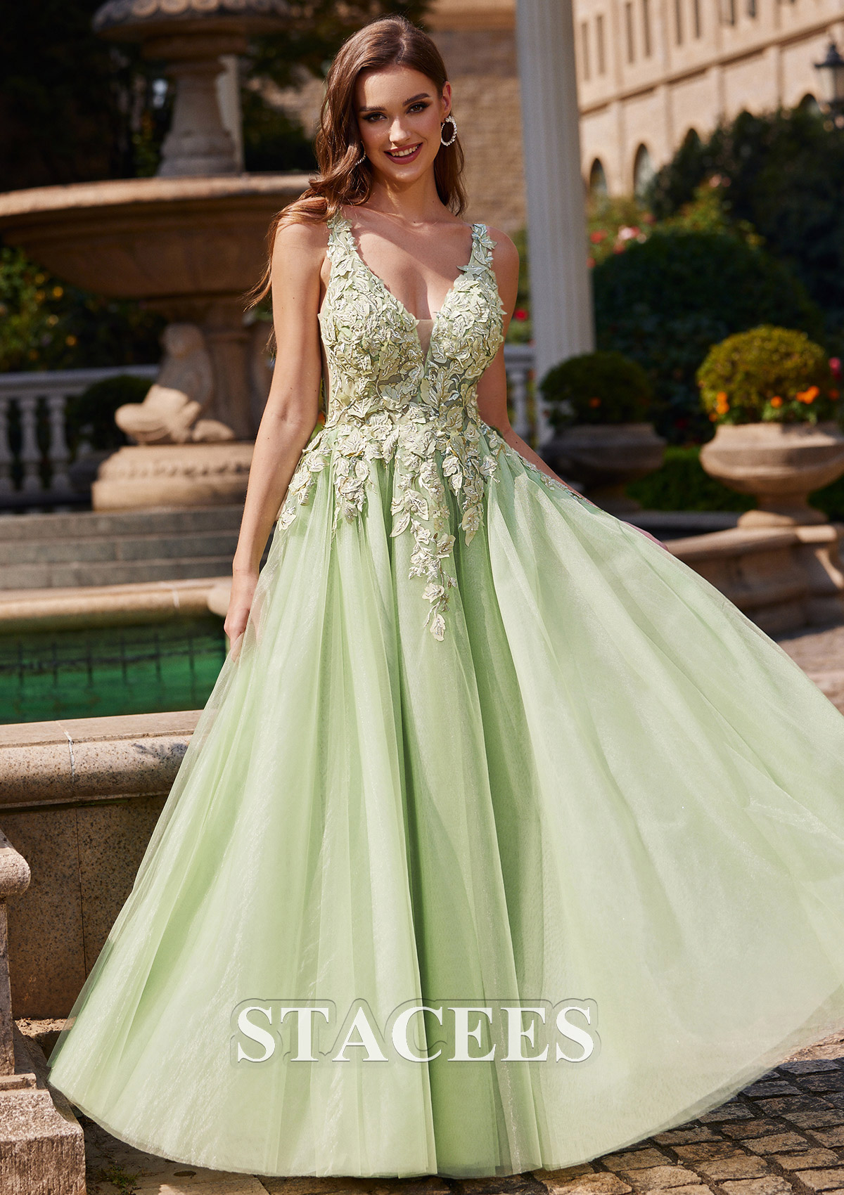 Sage A-line V Neck Sleeveless Floor-Length Tulle Prom Dress with Appliqued Beading - STACEES