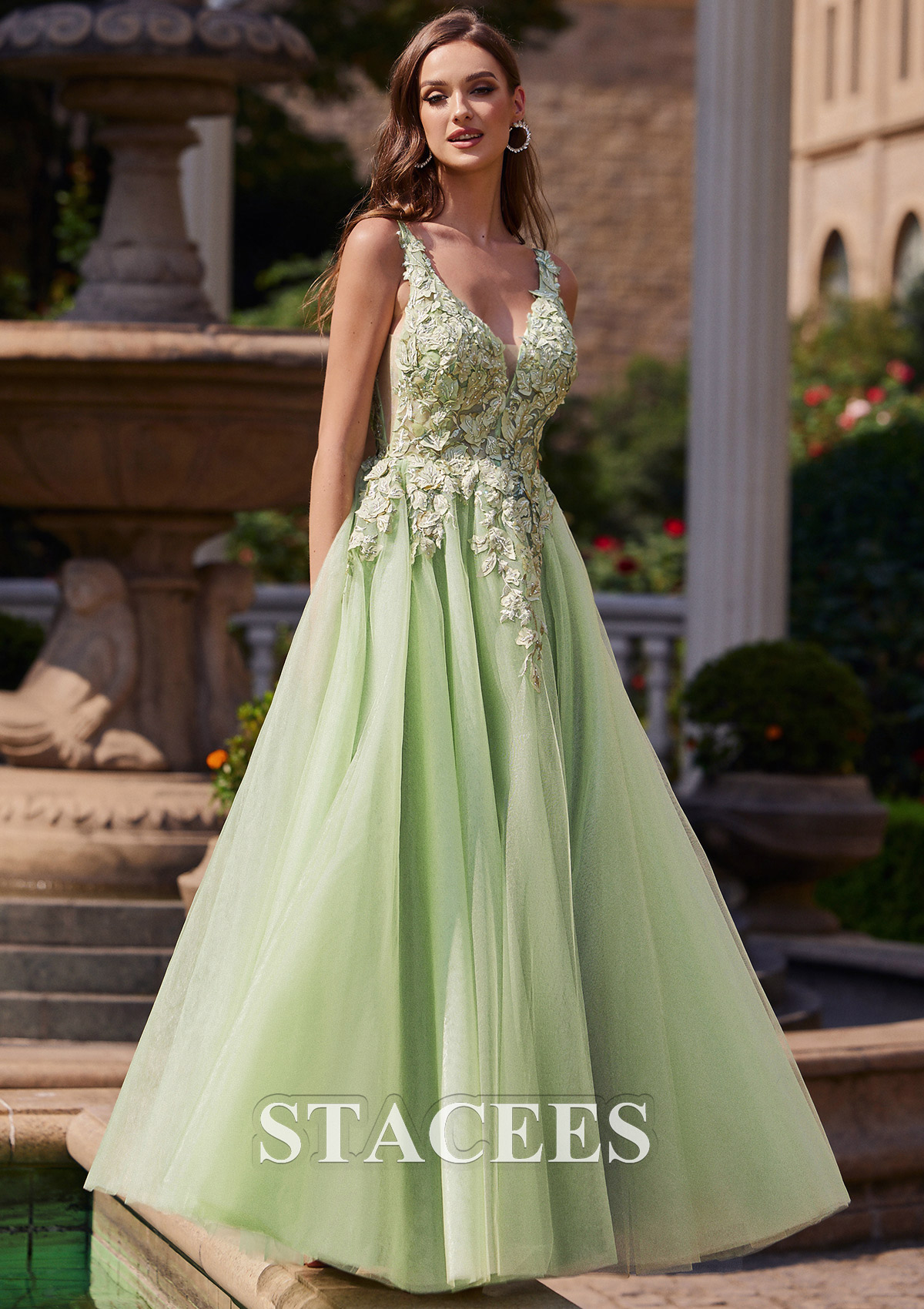 Sage A-line V Neck Sleeveless Floor-Length Tulle Prom Dress with Appliqued Beading - STACEES