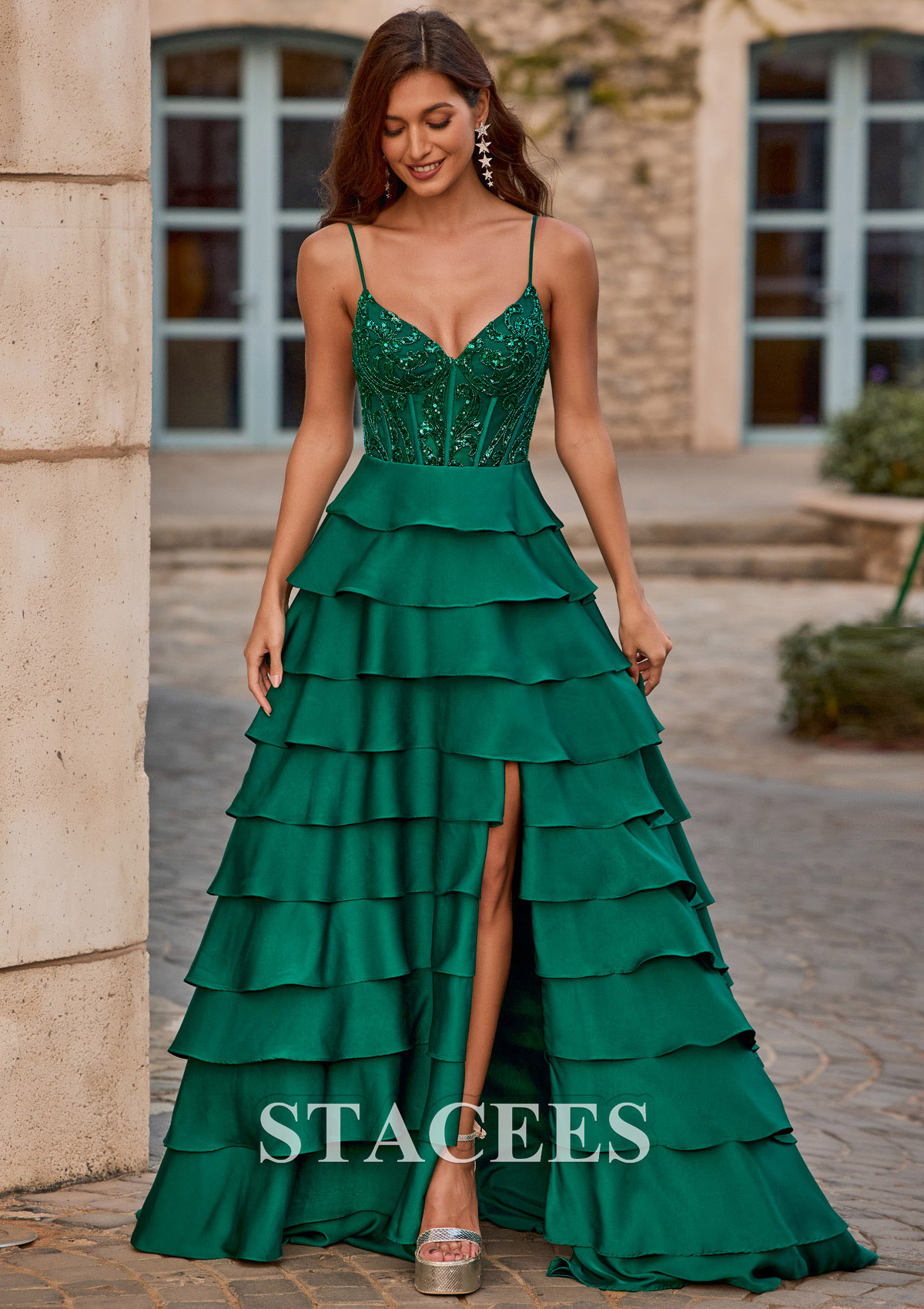 Vert Foncé Trapèze col en v satin extensible traîne balayage robe de bal  - STACEES