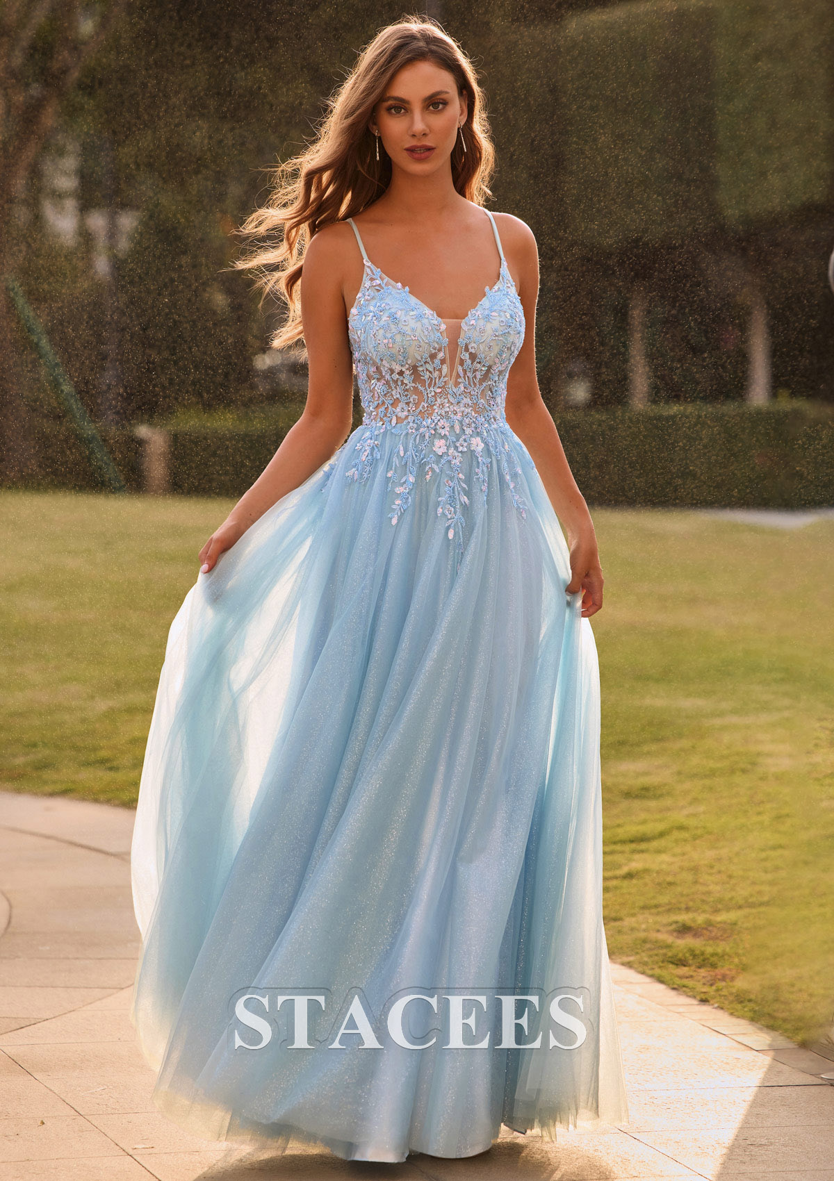Sky Blue A-line V Neck Tulle Floor-Length Prom Dress with Appliqued Glitter - STACEES
