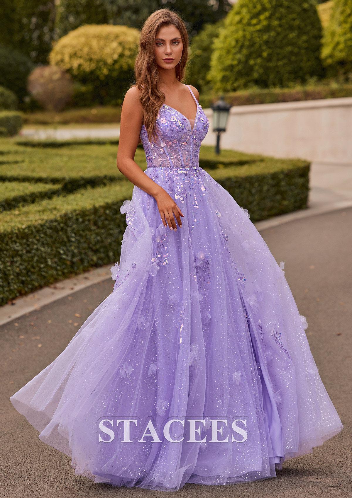Lavender Vestido línea a escote en v tul hasta el suelo vestido de graduación - STACEES