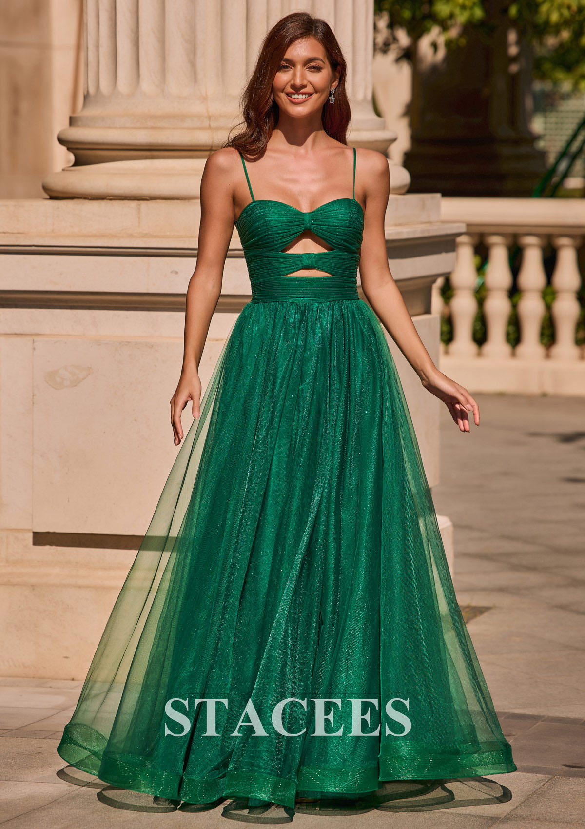 Dark Green A-line Cut Out V Neck Glitter Tulle Floor-Length Pleated Prom Dress - STACEES
