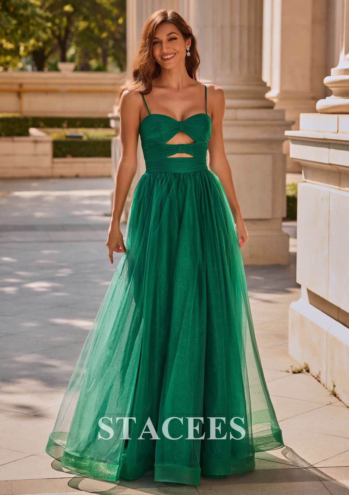 Dark Green A-line Cut Out V Neck Glitter Tulle Floor-Length Pleated Prom Dress - STACEES
