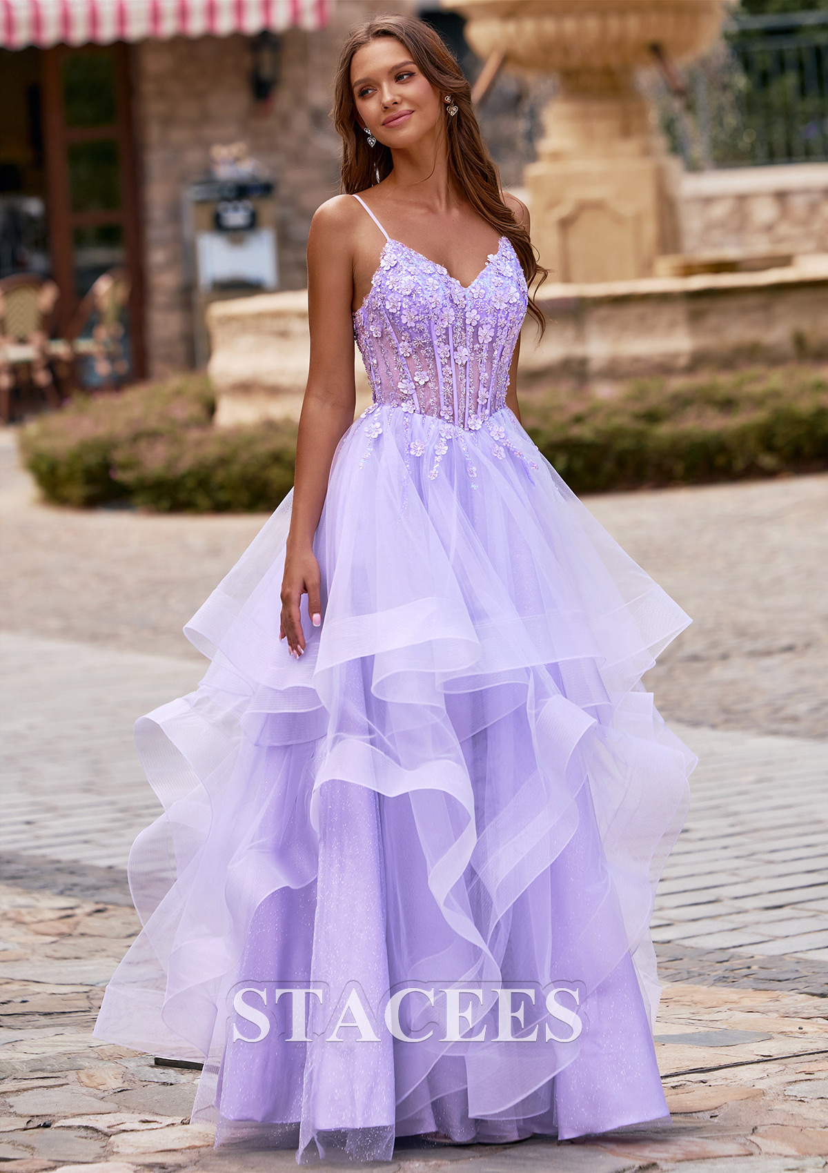 Lilac Spaghetti Strap A-Line Floral Embroidery Corset Ruffled Prom Dress - STACEES