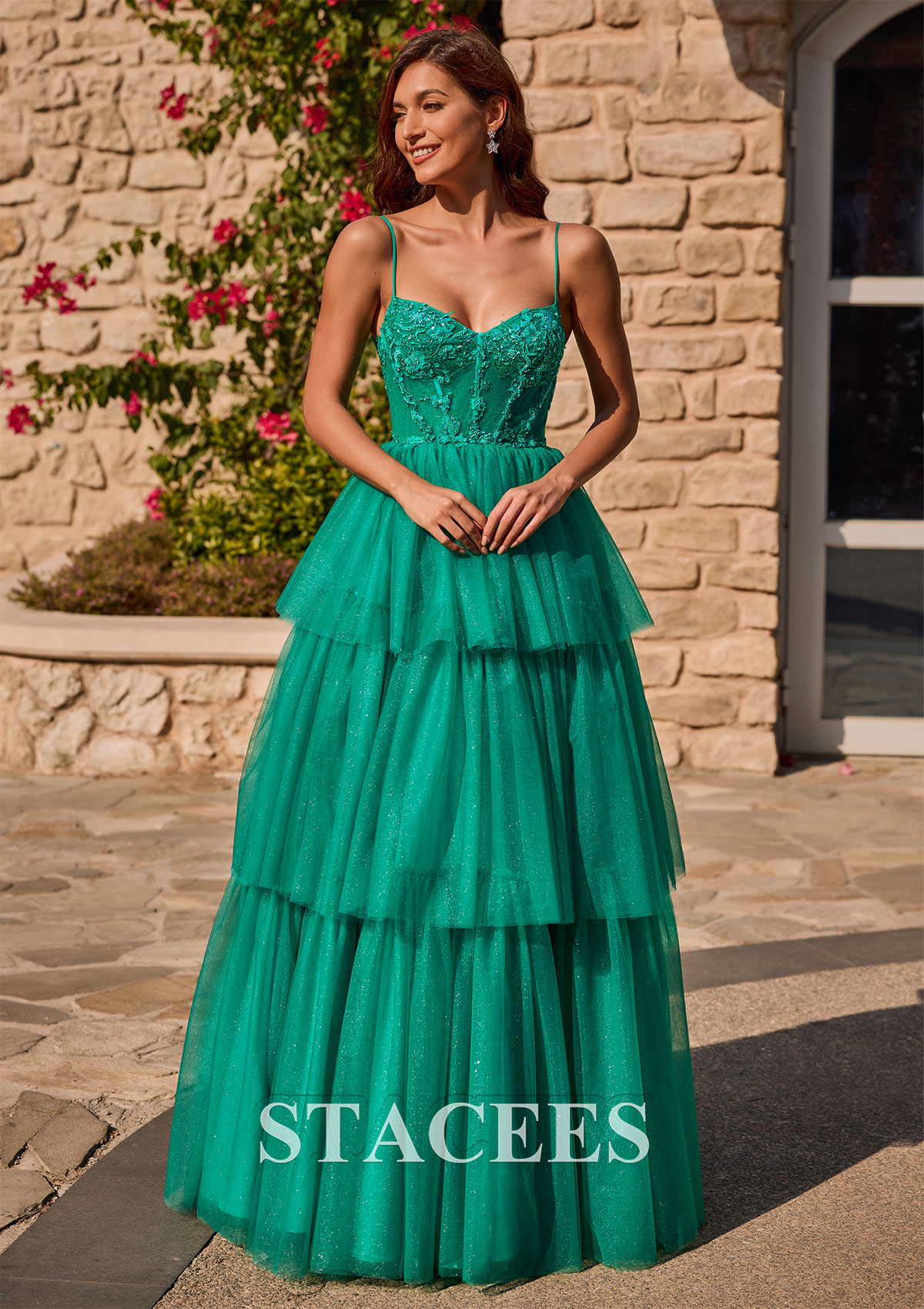 Hunter Green A-line Tiered Ruffle Sequin-Embroidery Corset Glitter Prom Dress - STACEES