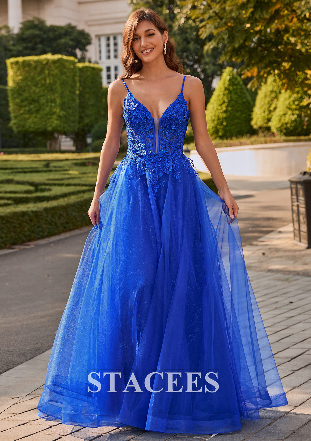Ocean Blue A-line V Neck Glitter Tulle Prom Dress with Butterfly Applique - STACEES