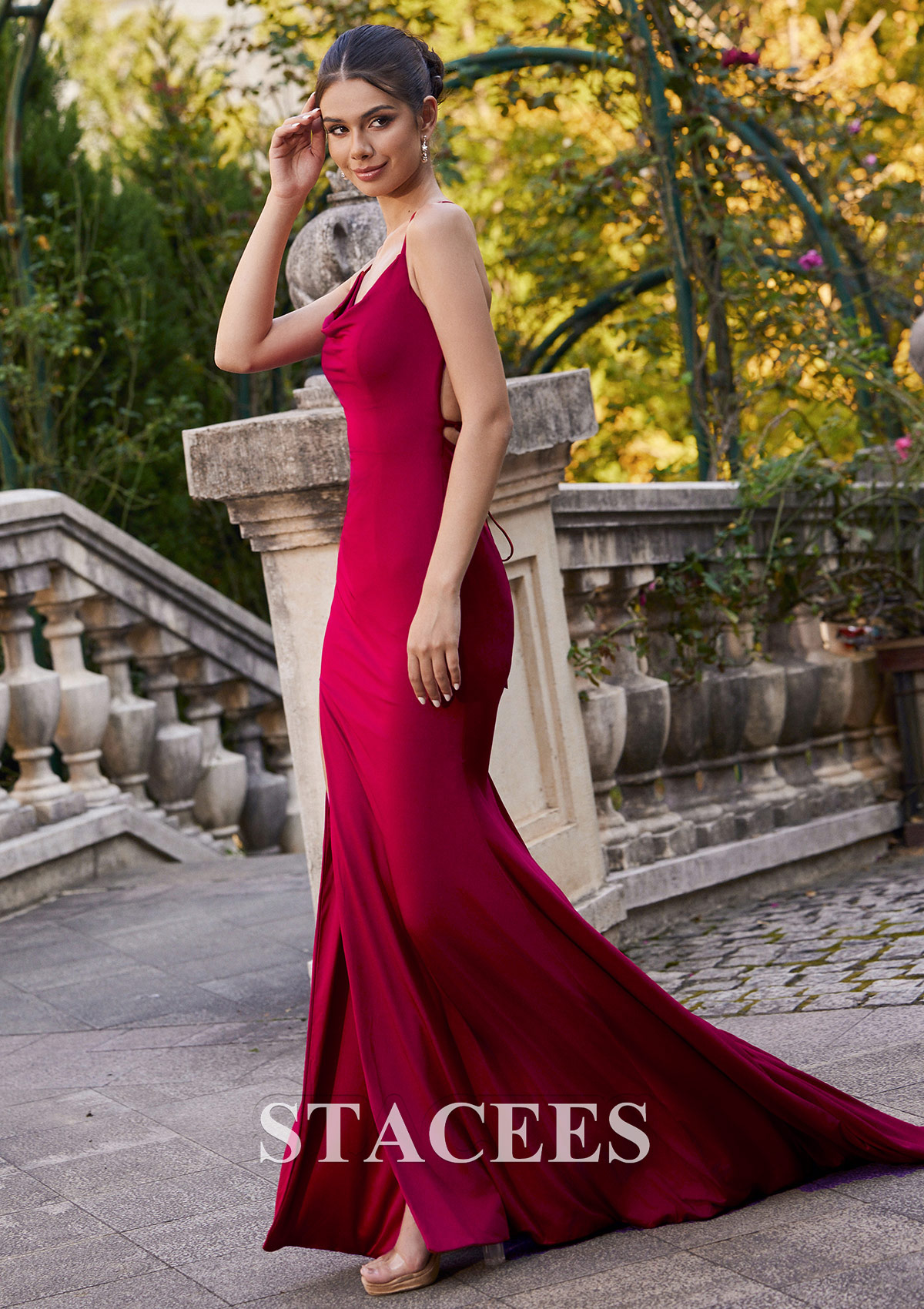 Burgundy Cubierta escote drapeado jersey barrer tren vestido de graduación - STACEES