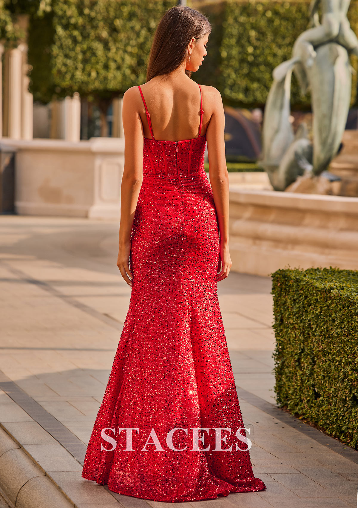 Rouge Fourreau cache coeur paillettes traîne balayage robe de bal  - STACEES