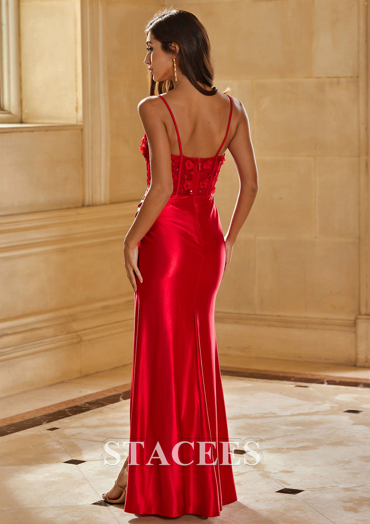 Red Sheath Fitted Floral Sheer Corset Floor-Length Prom Dress with Pleats Slit - STACEES