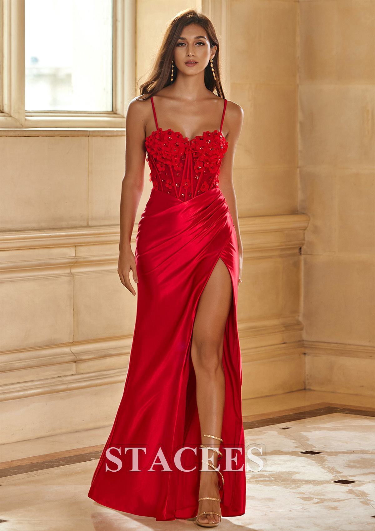 Red Sheath Fitted Floral Sheer Corset Floor-Length Prom Dress with Pleats Slit - STACEES