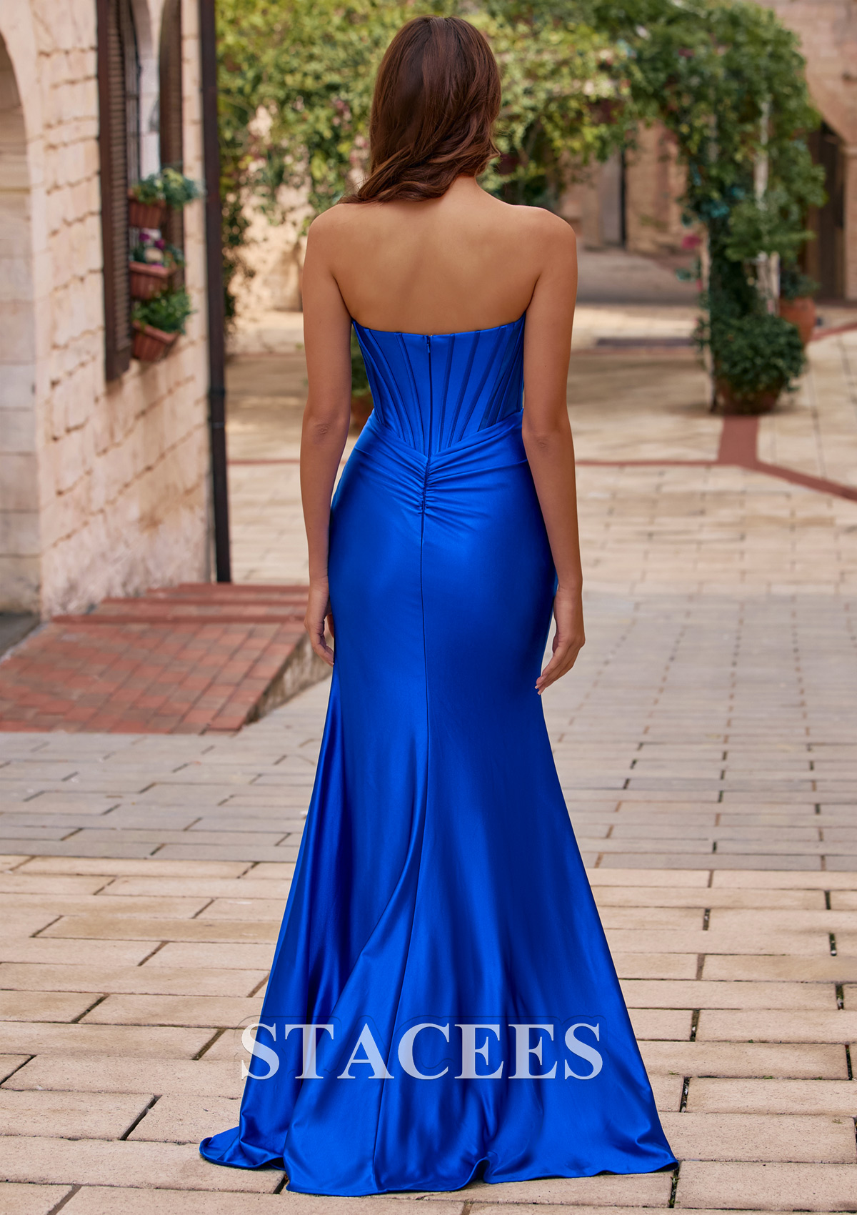Ocean Blue Sheath Sweetheart Strapless Prom Dress with Corset Bodice and Thigh-High Slit - STACEES