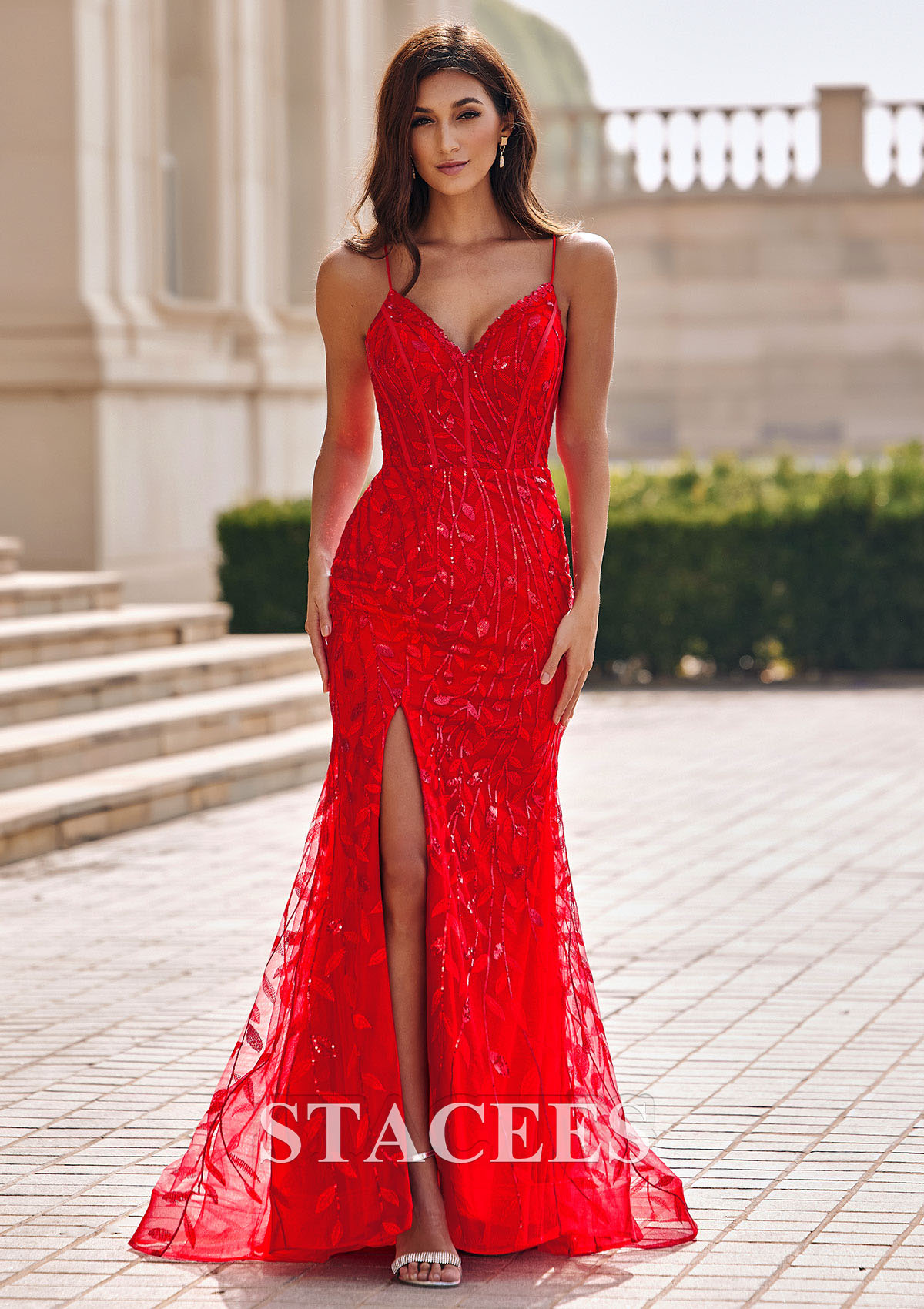 Red Sheath V Neck Tulle Sweep Train Leaf Sequins Slit Prom Dress - STACEES