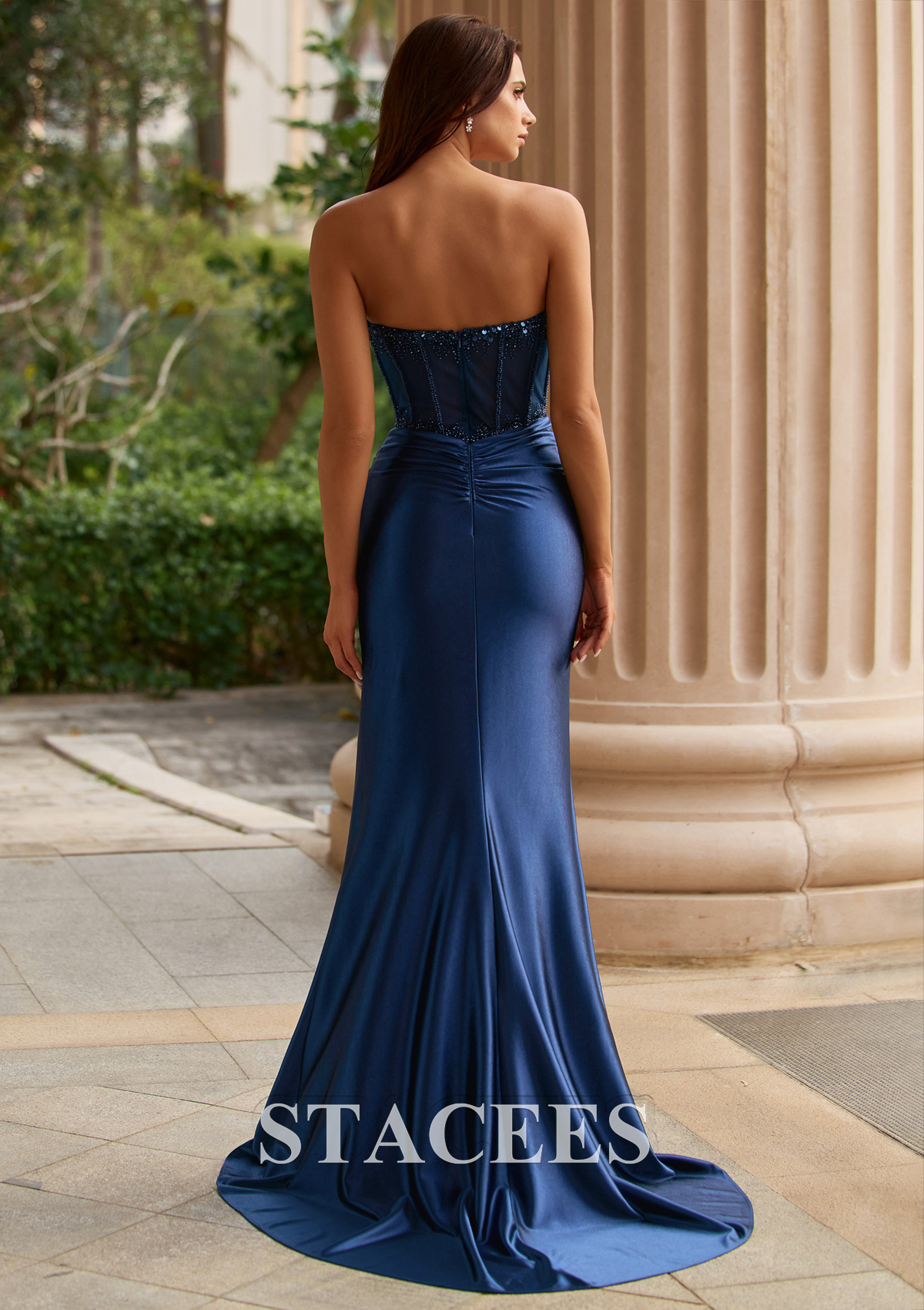 Dark Navy Mermaid Strapless Sequin Corset Prom Dress with High Slit - STACEES