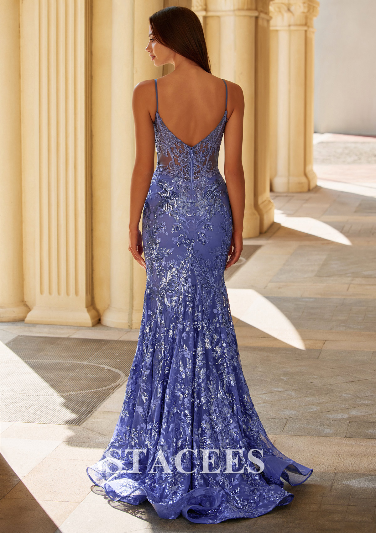 As Picture Sparkly Sequin Lace Mermaid Prom Dress with Plunging V Neck Illusion Corset - STACEES