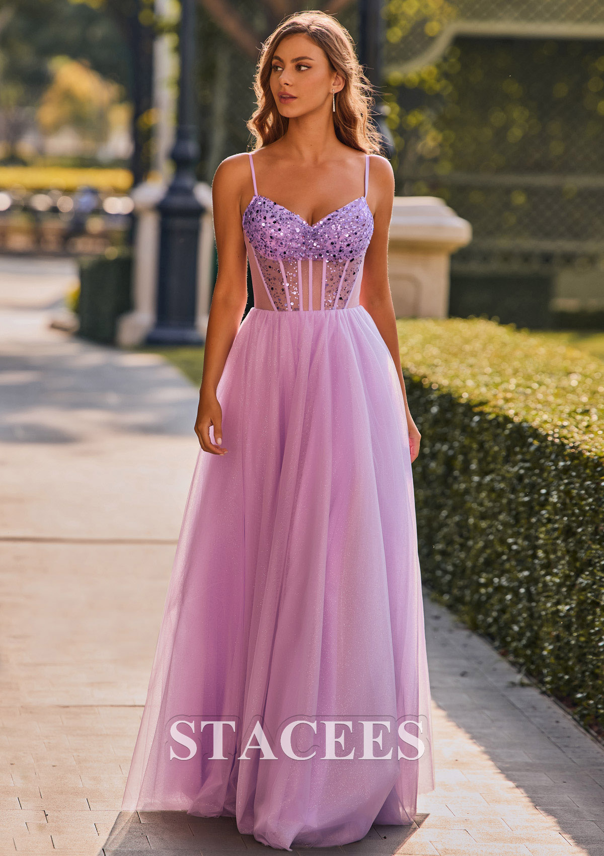 Lilac Vestido línea a escote drapeado tul hasta el suelo vestido de graduación - STACEES
