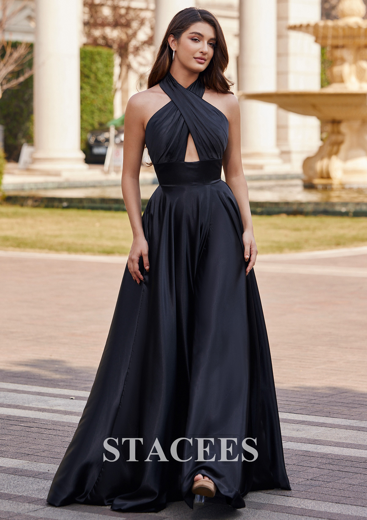 Black A-line Halter Floor-Length Charmeuse Prom Dress with Split - STACEES