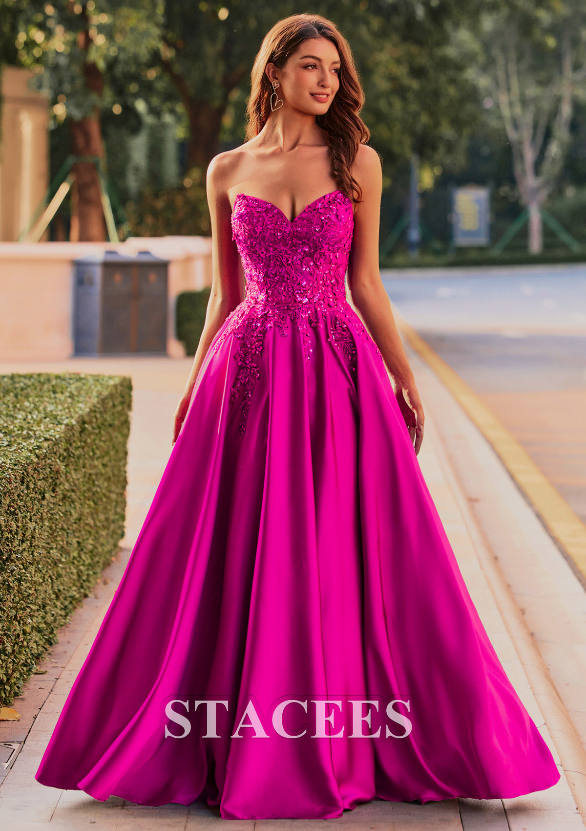 Magenta A-line Off-Shoulder Embroidered Ball Gown Prom Dress with Detachable Straps - STACEES