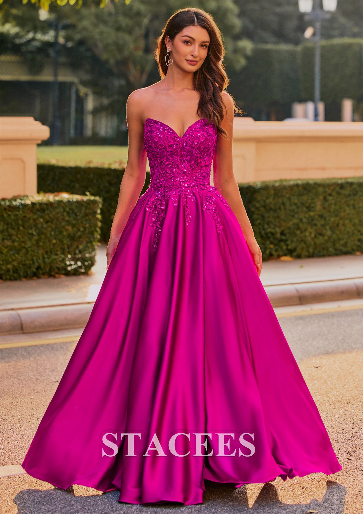 Magenta A-line Off-Shoulder Embroidered Ball Gown Prom Dress with Detachable Straps - STACEES