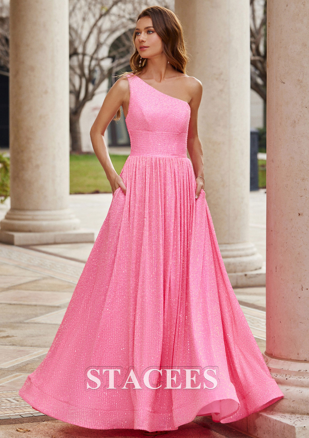 Hot Pink Vestido línea a un hombre lentejuelas hasta el suelo vestido de graduación - STACEES