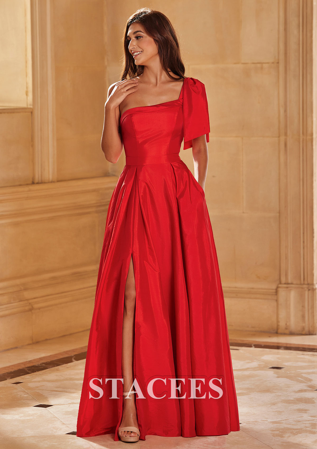Red Vestido línea a un hombre tafetán hasta el suelo vestido de graduación - STACEES