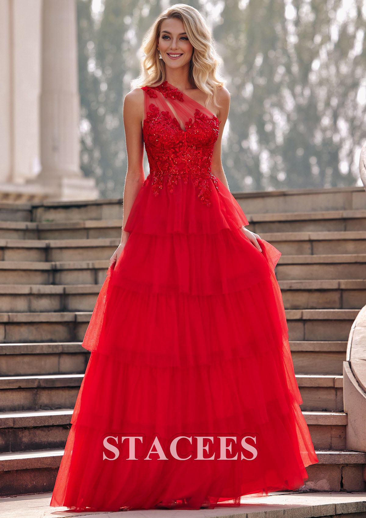 Red A-line Applique One Shoulder Ruffle Long Prom Dress - STACEES