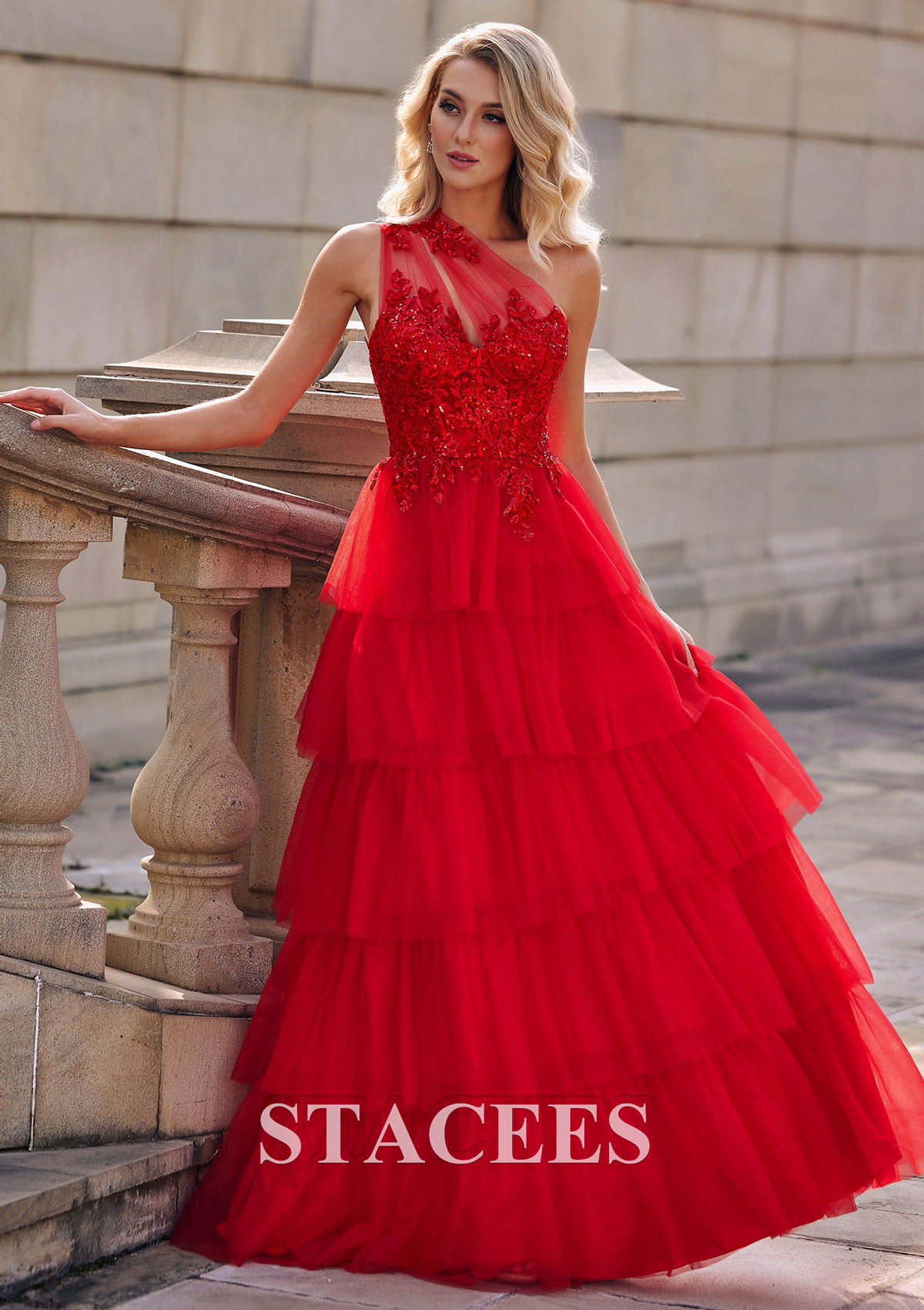Red A-line Applique One Shoulder Ruffle Long Prom Dress - STACEES