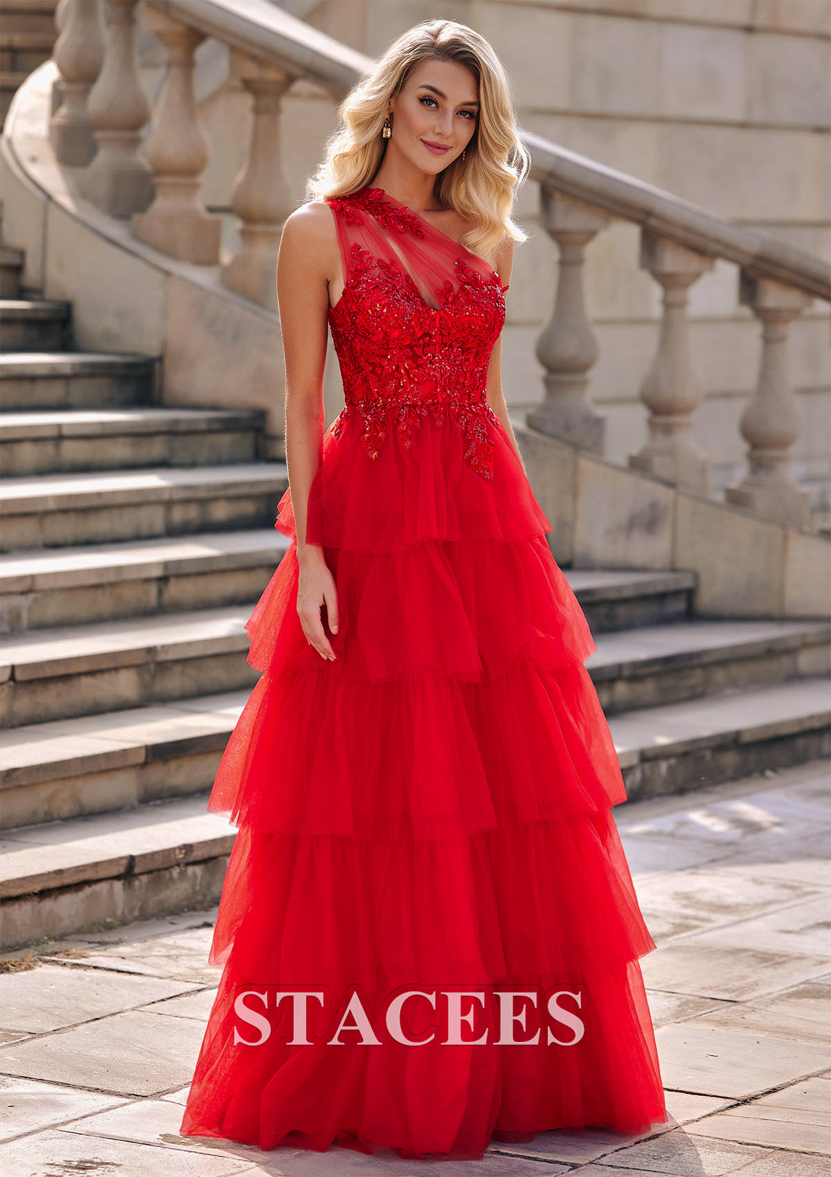 Red A-line Applique One Shoulder Ruffle Long Prom Dress - STACEES