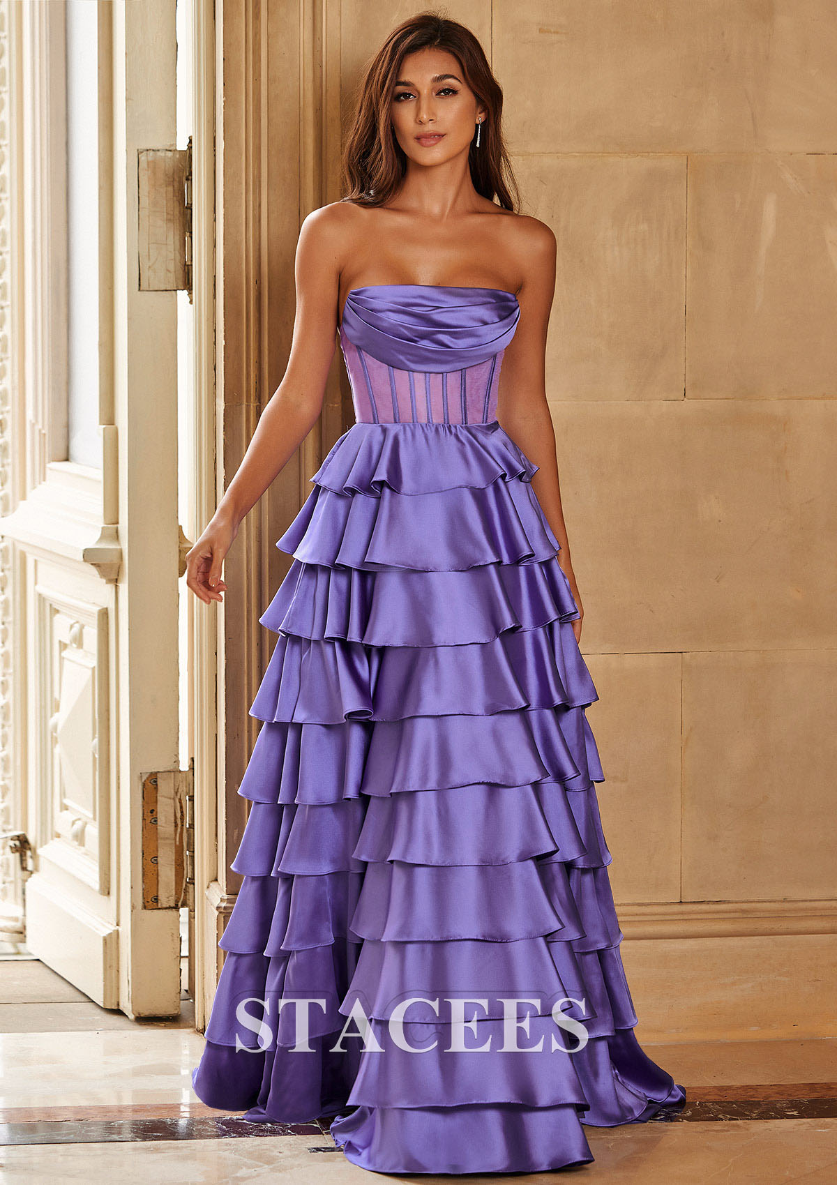 Lavender A-line Strapless Cowl Neck Sheer Corset Tiered Prom Dress with Ruffles  - STACEES
