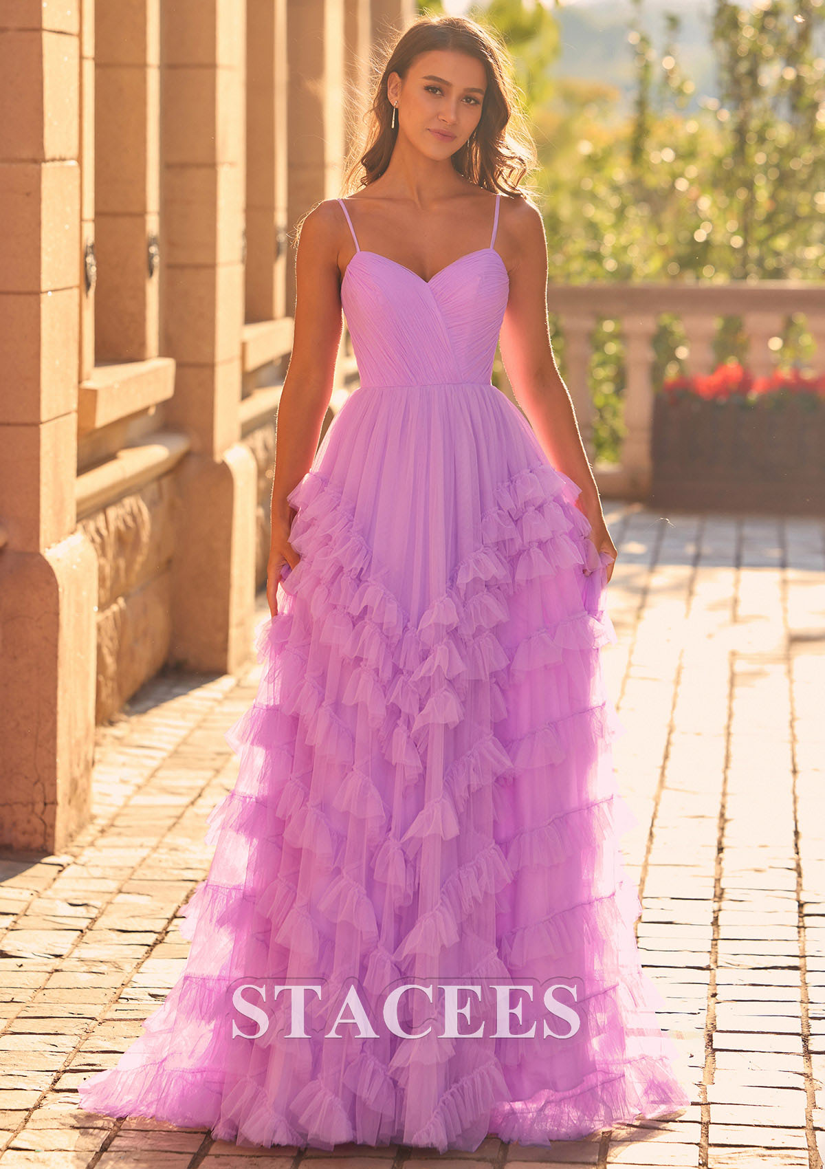 As Picture A-line Pleated V Nect Ruffled Tulle Sweep Train Prom Dress - STACEES