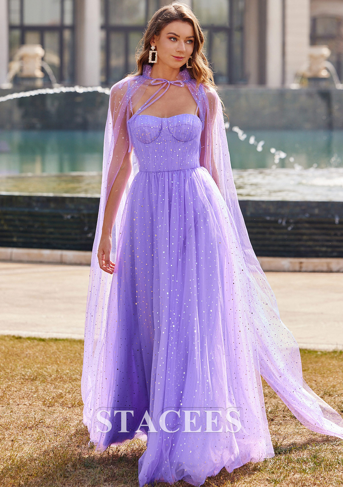 Lilac A-line Sweetheart Floor-Length Tulle Prom Dress with Sequins Cape - STACEES