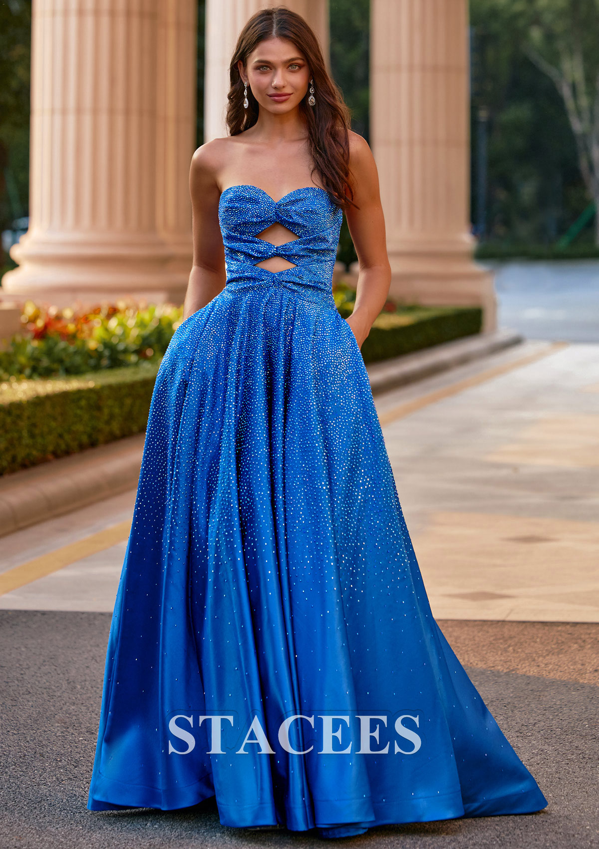 Ocean Blue A-line Strapless Cut-Out Ombre Hot Fix Prom Dress with Pockets - STACEES