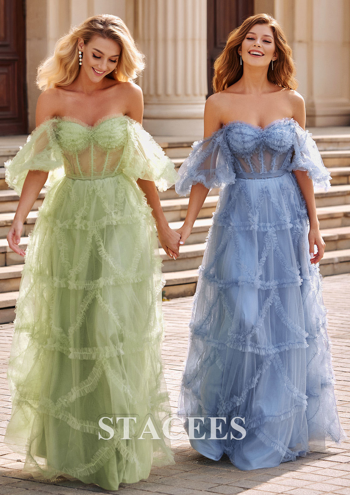 Sage A-line Puff-Sleeve Sheer Corset Ruffled Tulle Long Prom Dress - STACEES
