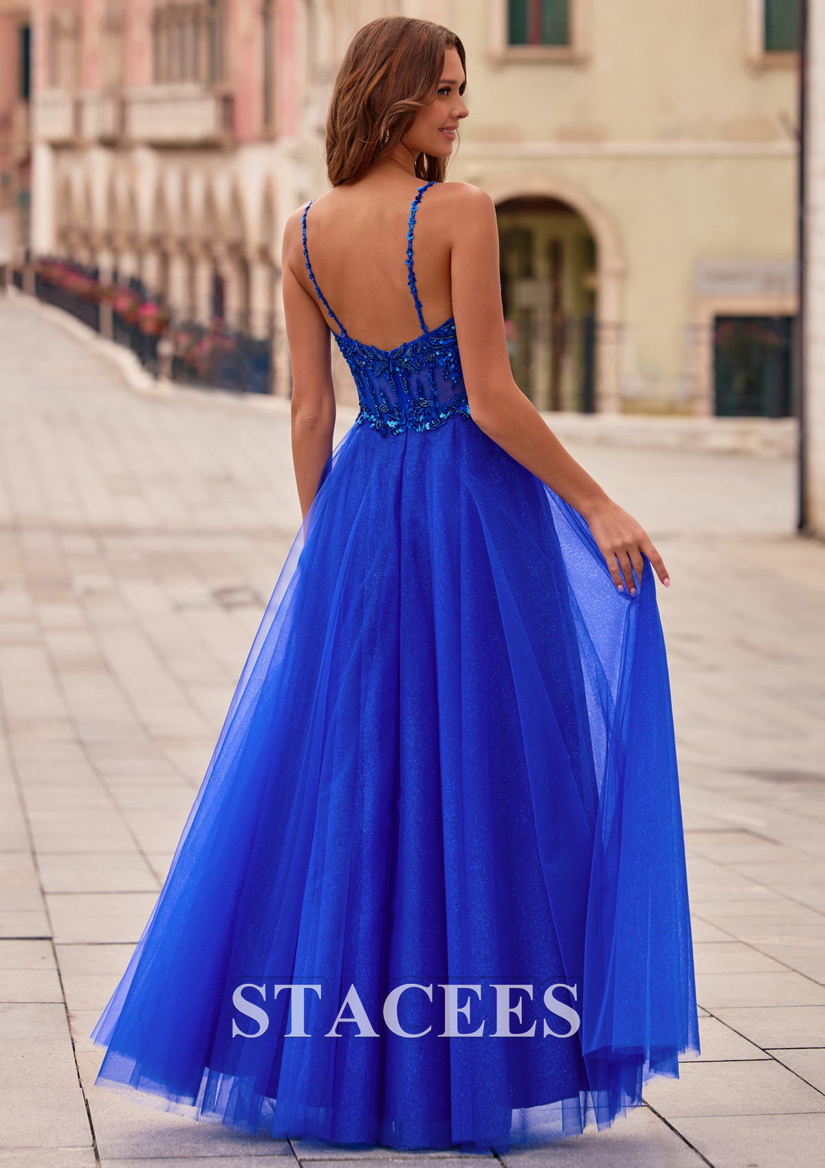 Royal Blue A-line Beading Sequins Illusion Corset Glitter Tulle Prom Dress with High Slit - STACEES