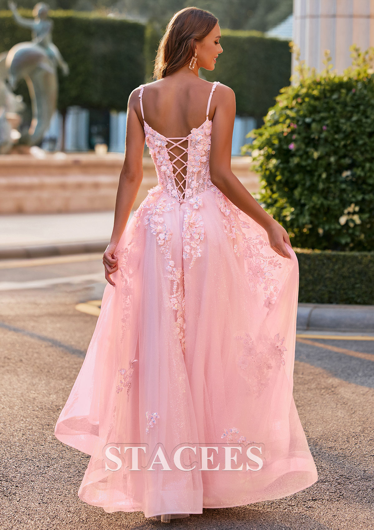 Rose Rougissant Trapèze cache coeur tulle longueur ras du sol robe de bal avec broderie fleurs - STACEES