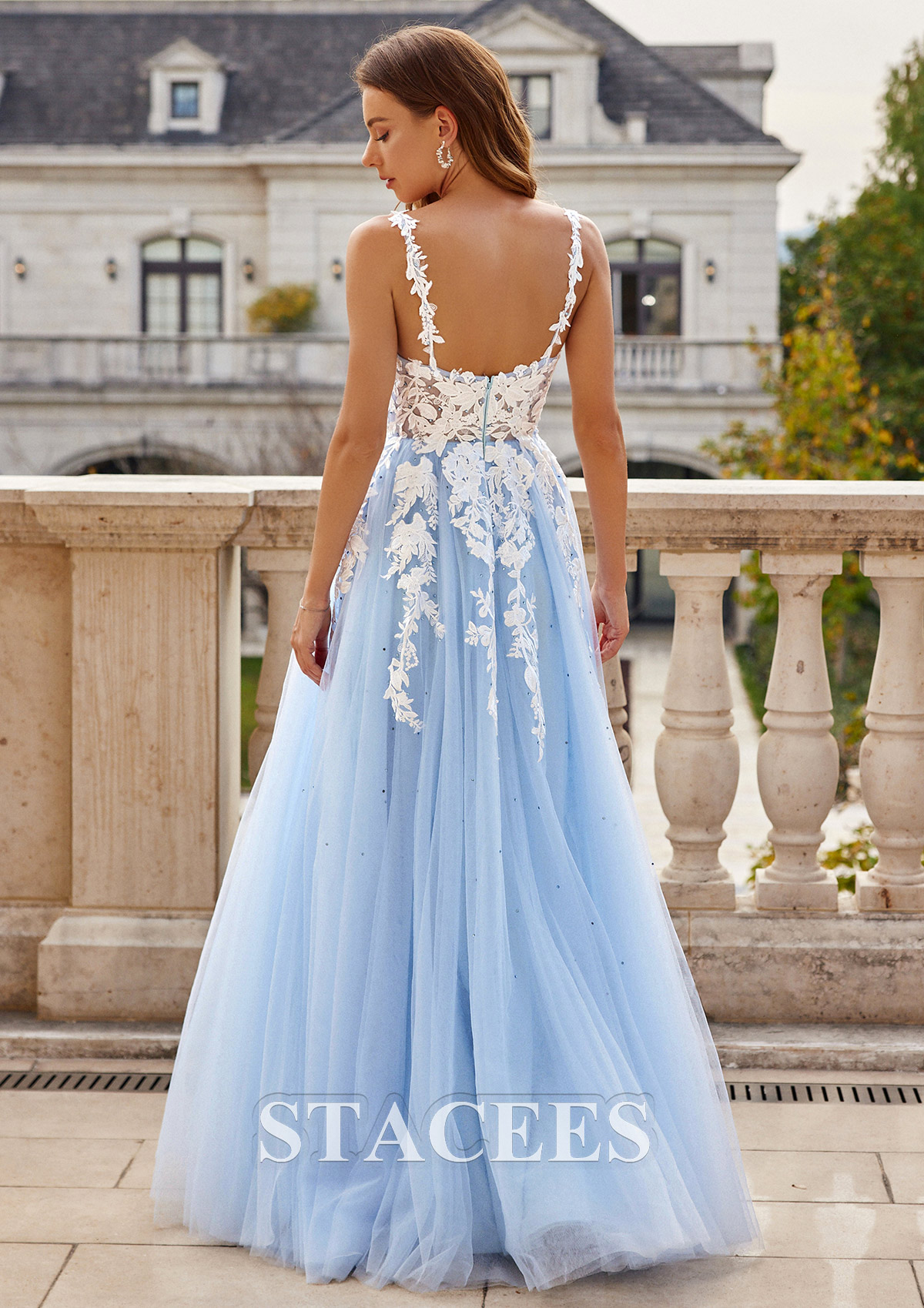 Sky Blue A-line V Neck Floor-Length Tulle Prom Dress with Beading Lace - STACEES